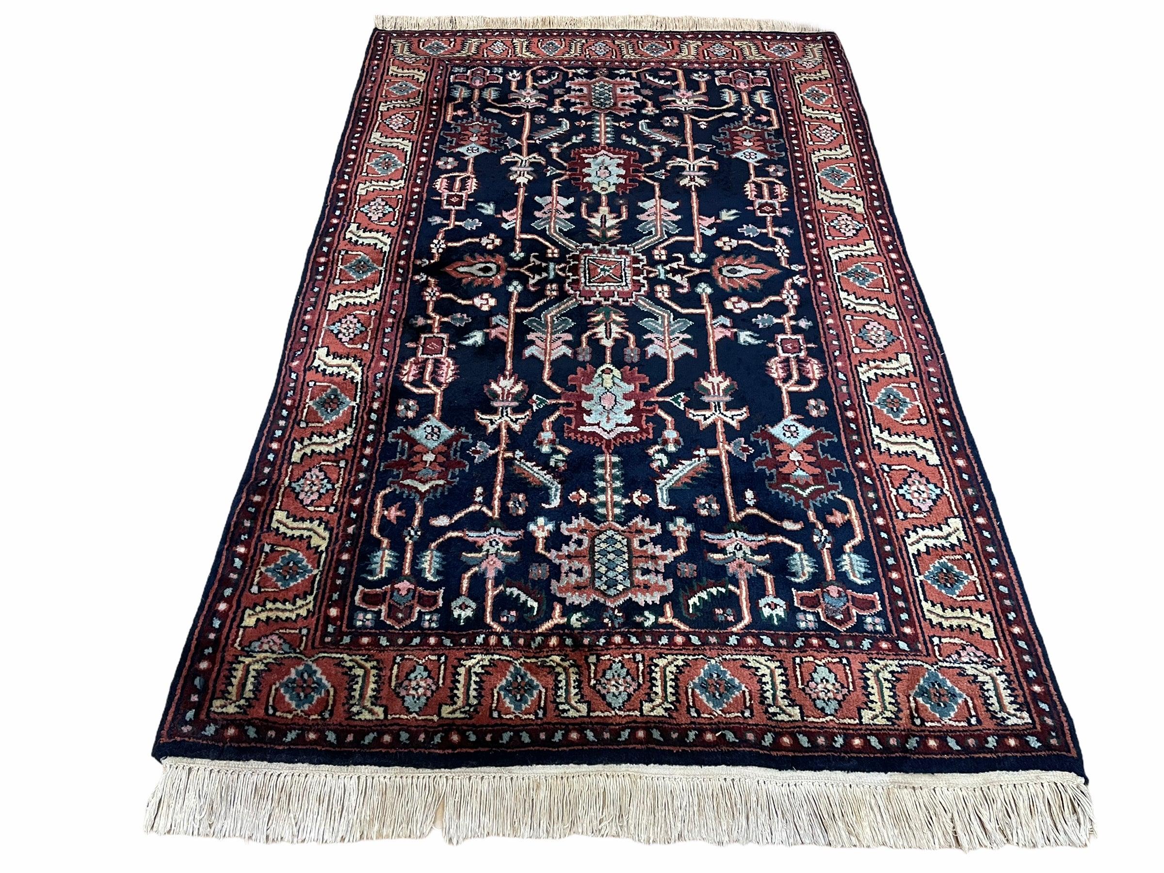 4x6 Vintage Handmade Wool Geometric Rug Organic Dyes Blue Red Hand-Knotted Rug