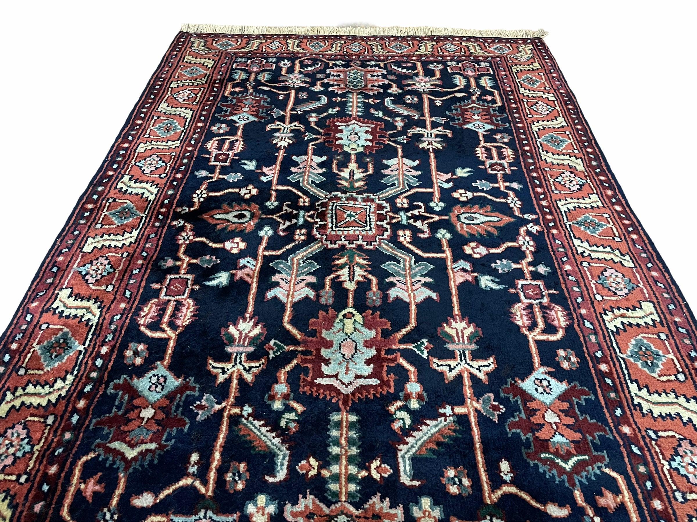 4x6 Vintage Handmade Wool Geometric Rug Organic Dyes Blue Red Hand-Knotted Rug - Image 11