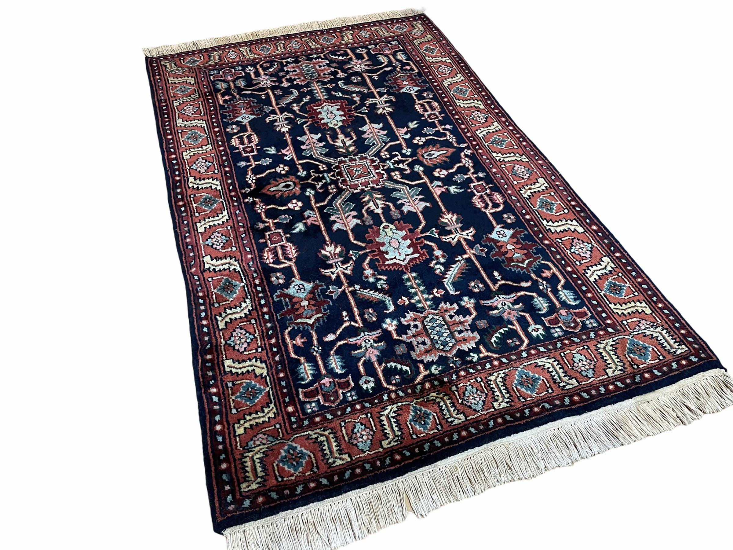 4x6 Vintage Handmade Wool Geometric Rug Organic Dyes Blue Red Hand-Knotted Rug - Image 2