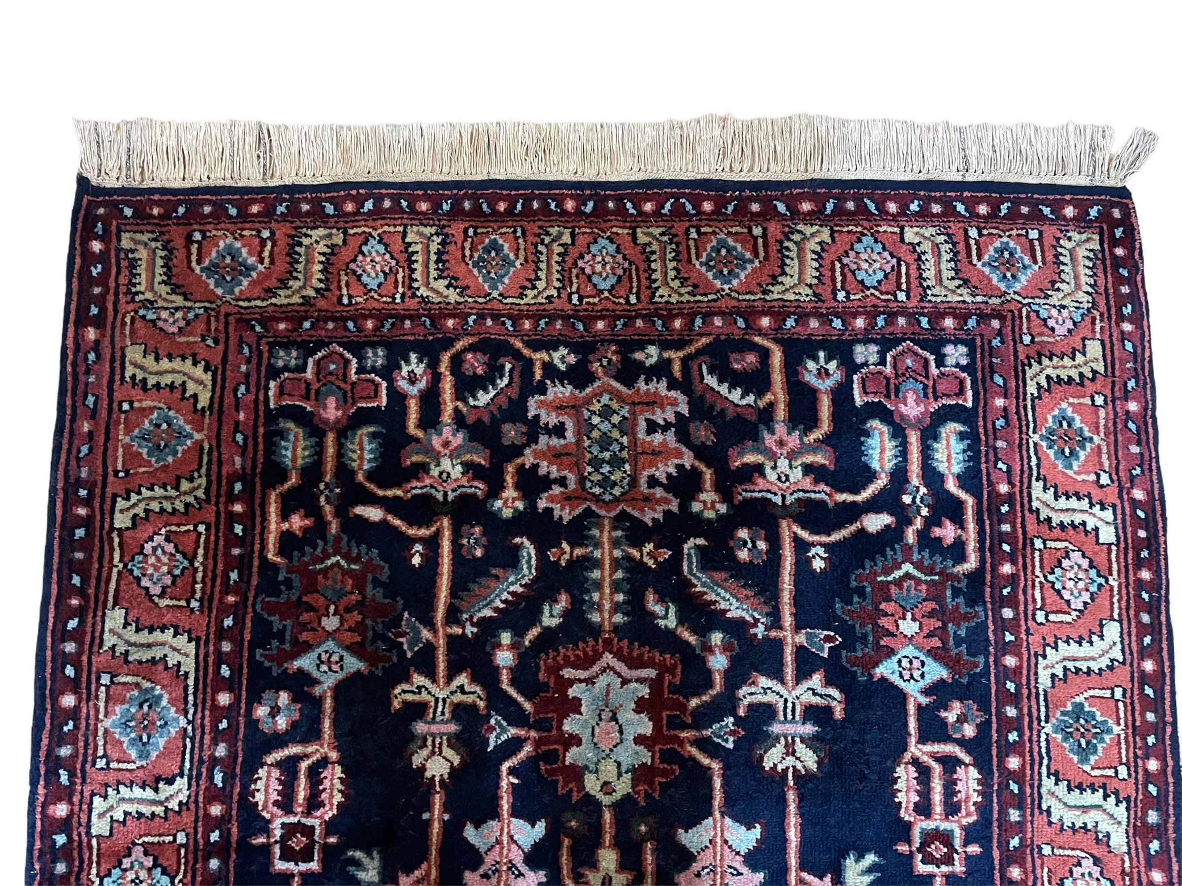 4x6 Vintage Handmade Wool Geometric Rug Organic Dyes Blue Red Hand-Knotted Rug - Image 3