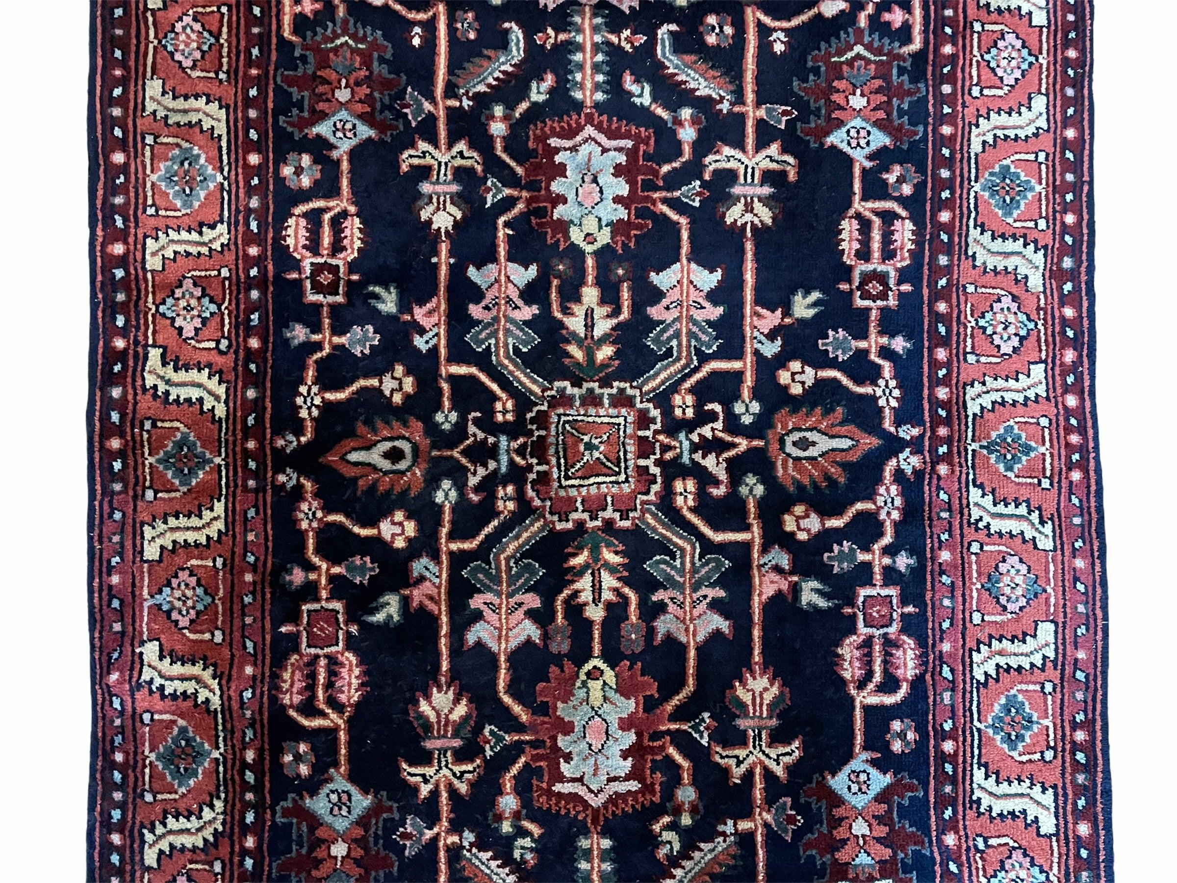 4x6 Vintage Handmade Wool Geometric Rug Organic Dyes Blue Red Hand-Knotted Rug - Image 4