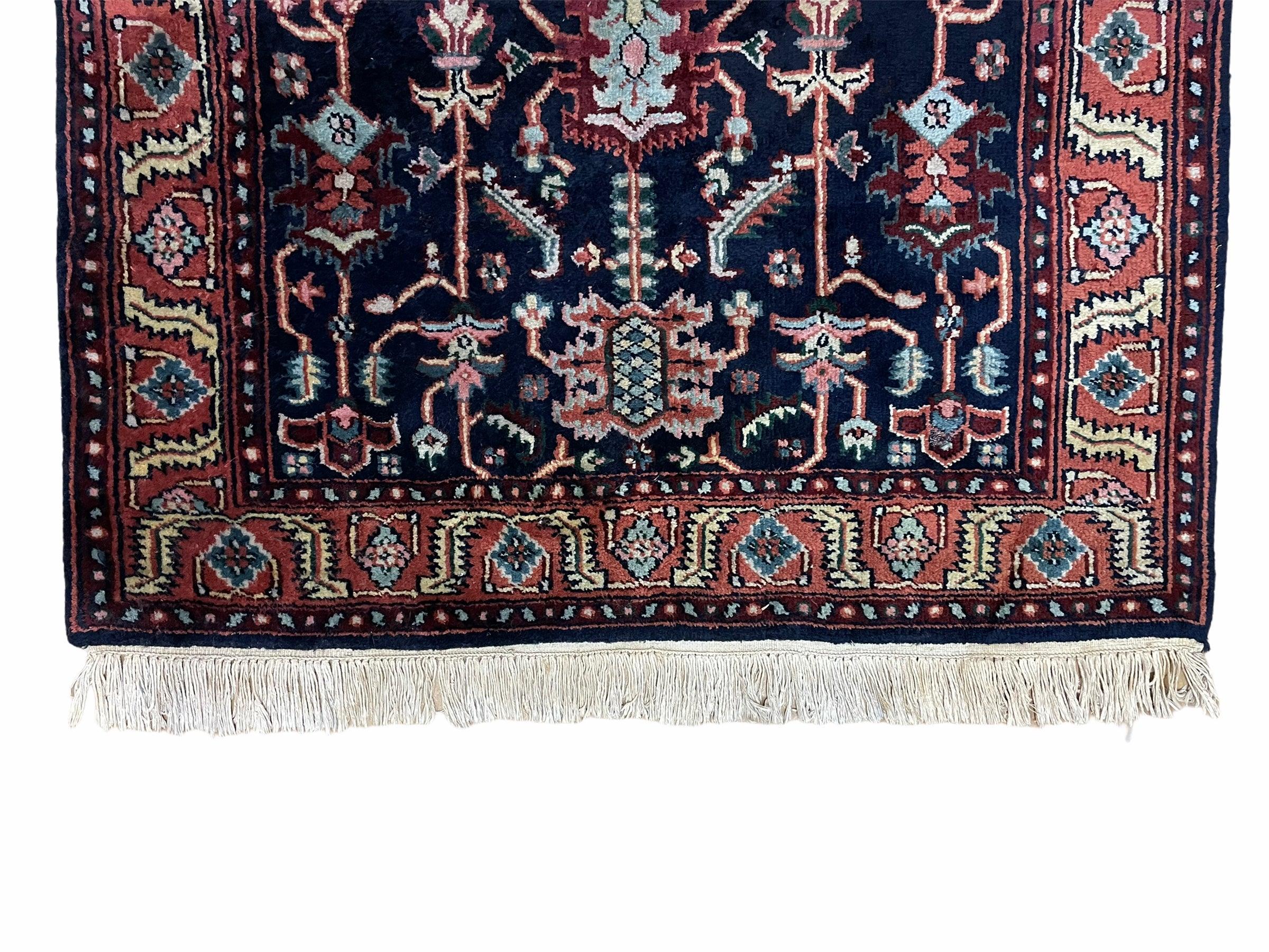 4x6 Vintage Handmade Wool Geometric Rug Organic Dyes Blue Red Hand-Knotted Rug - Image 5