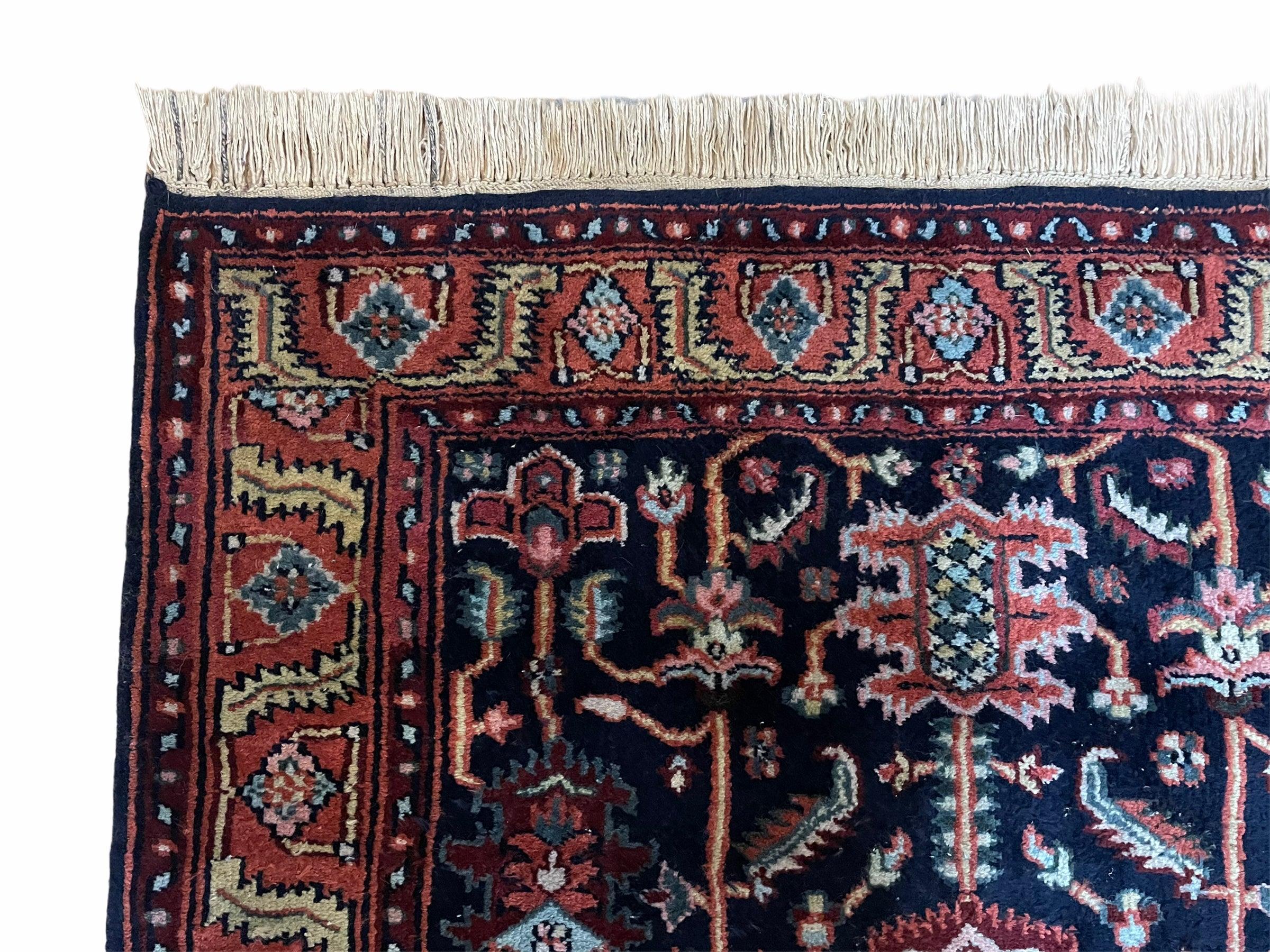 4x6 Vintage Handmade Wool Geometric Rug Organic Dyes Blue Red Hand-Knotted Rug - Image 6
