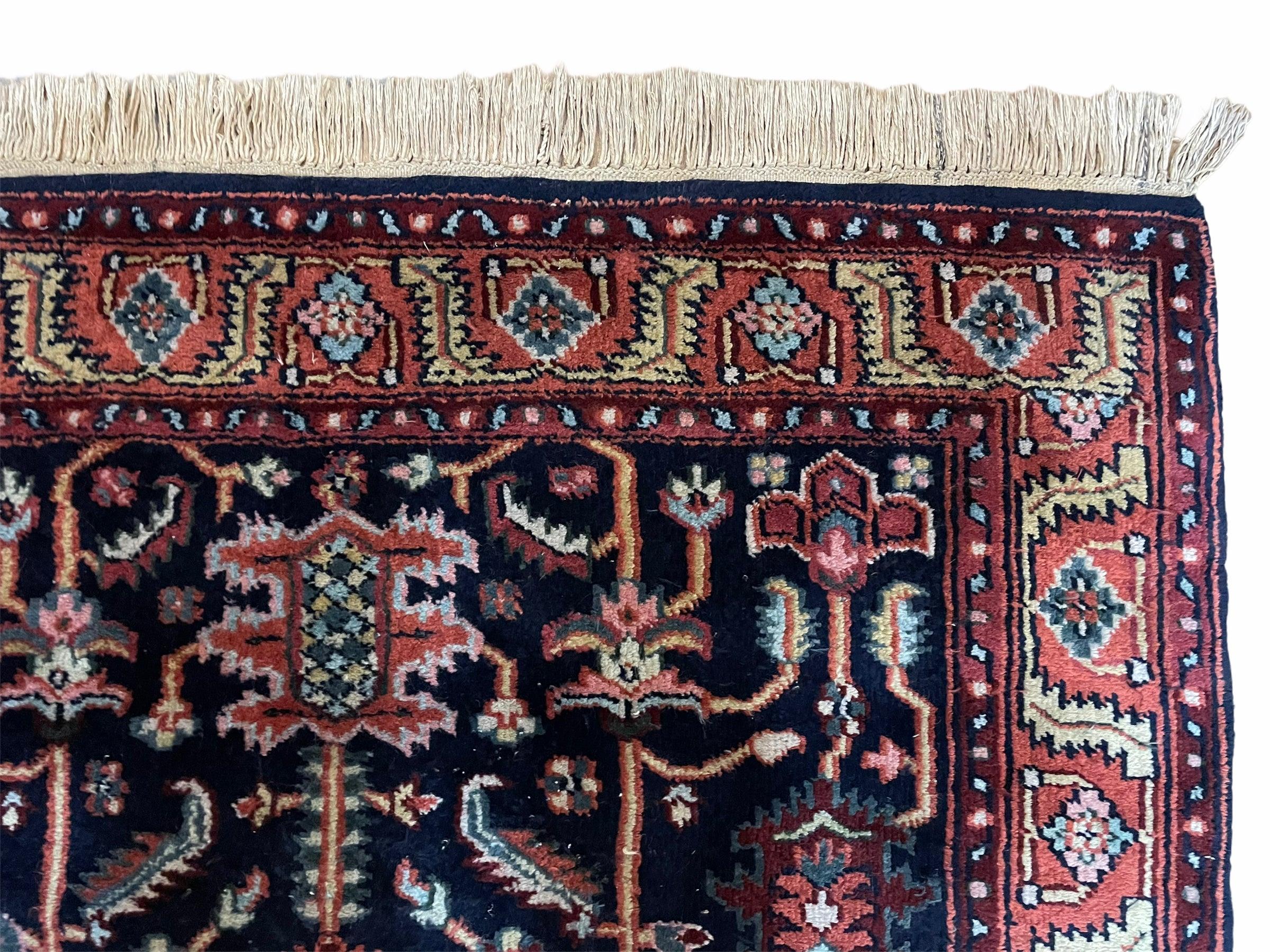 4x6 Vintage Handmade Wool Geometric Rug Organic Dyes Blue Red Hand-Knotted Rug - Image 7