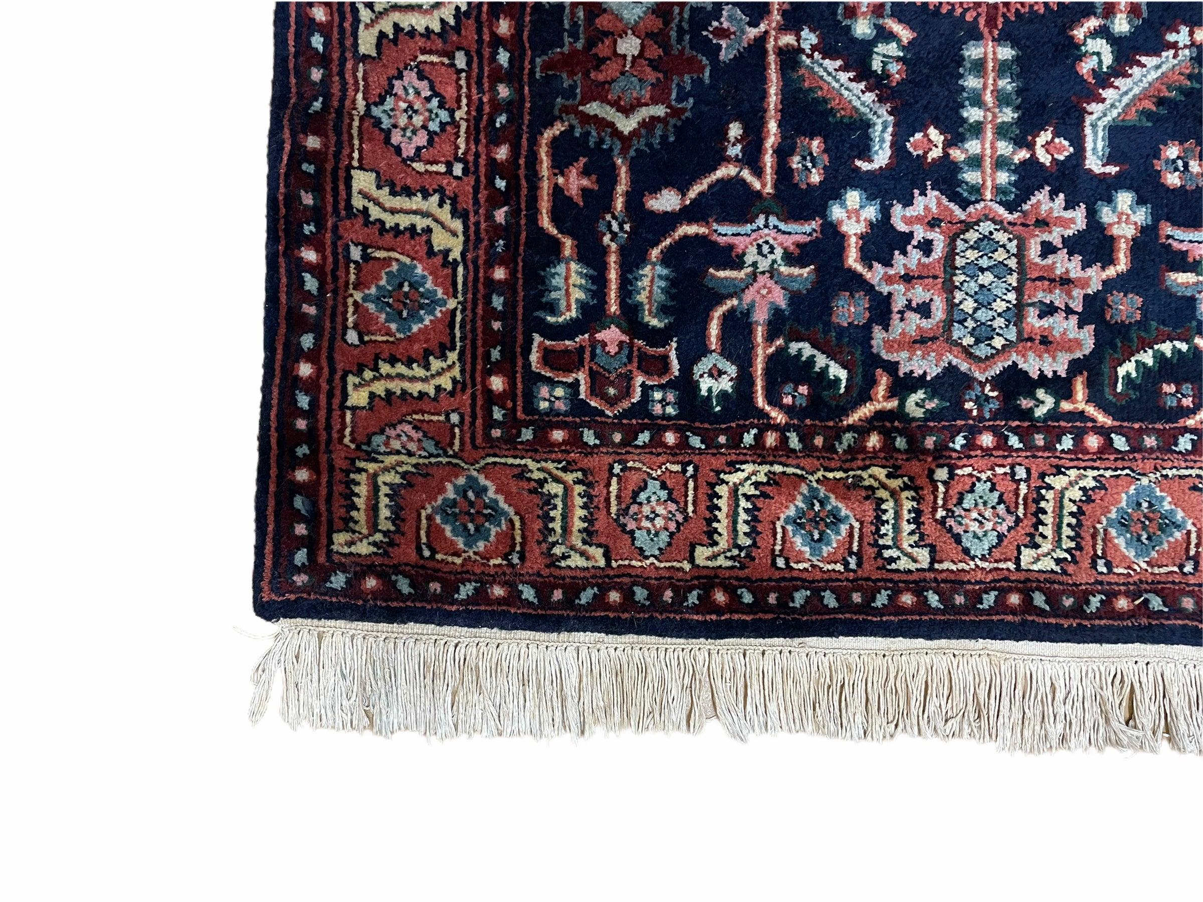 4x6 Vintage Handmade Wool Geometric Rug Organic Dyes Blue Red Hand-Knotted Rug - Image 8