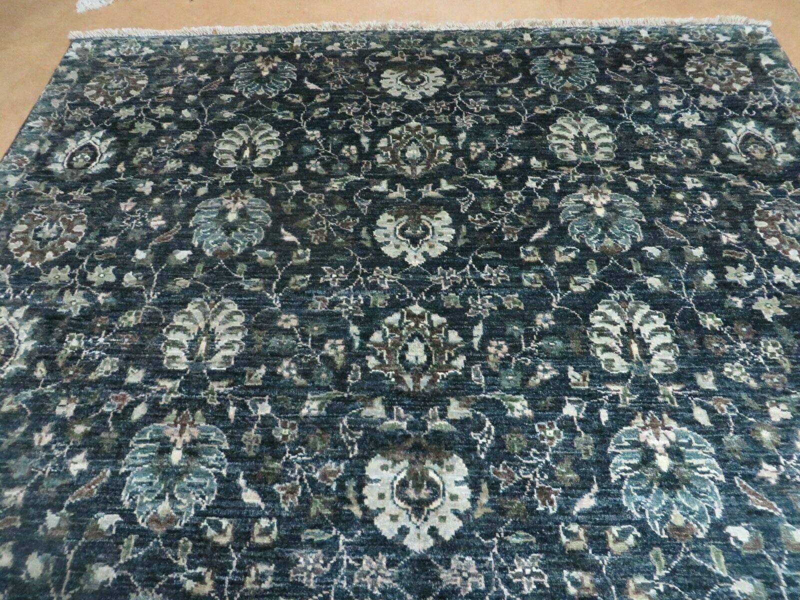 5' 6" X 8' Vintage Handmade Pakistani Floral Oriental Wool Rug Black Dark Grey - Image 11