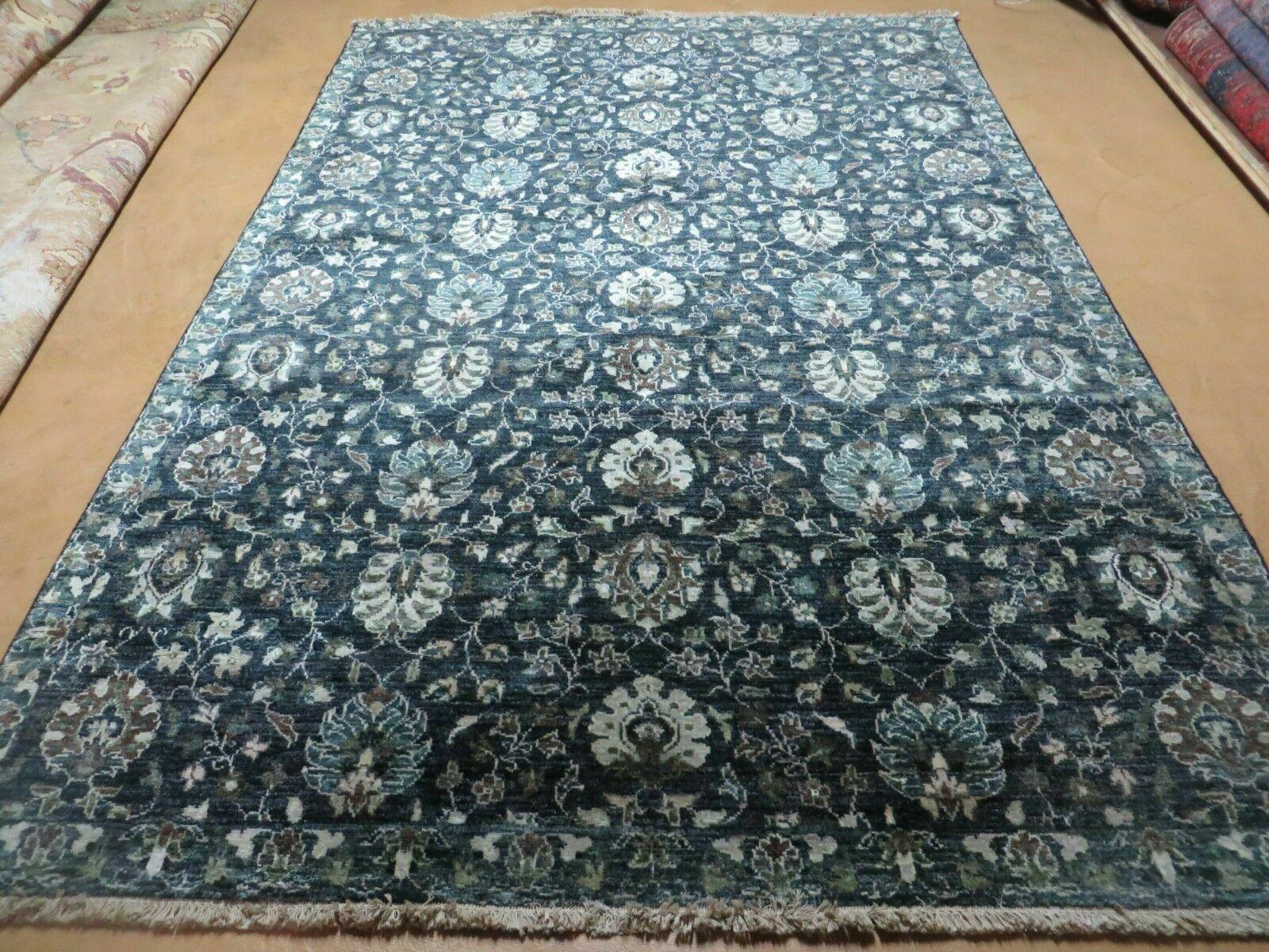 5' 6" X 8' Vintage Handmade Pakistani Floral Oriental Wool Rug Black Dark Grey - Image 9