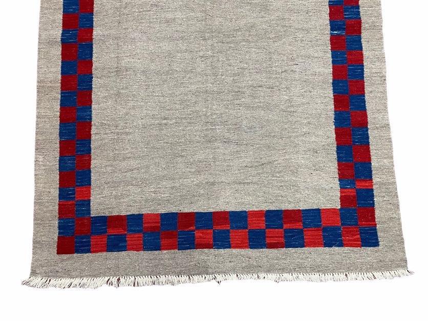 5' 7" x 7' 9" Geometric Kilim Carpet, Gray, Handmade, Hand-Knotted Area Rug, Blue & Red, Flatweave, Wool, New, Checkerboard Pattern - Image 5