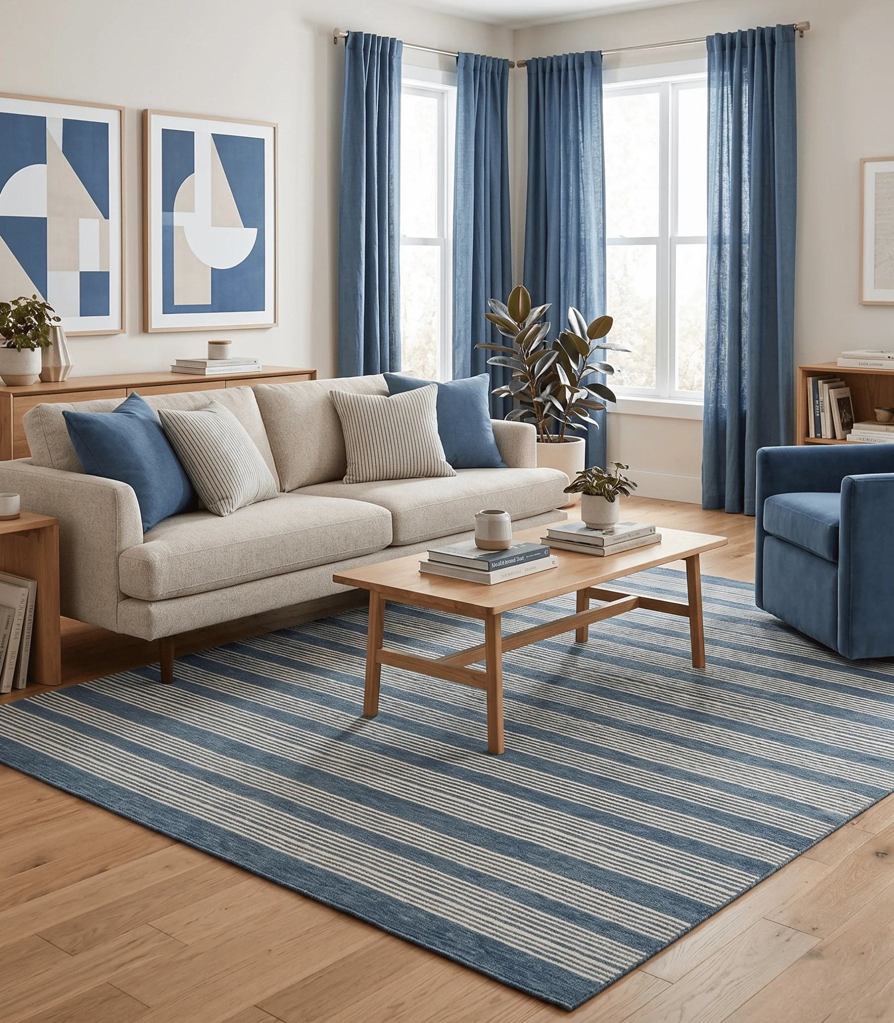 Blue Modern Stripes Pattern Hand Tufted Wool Area Rug