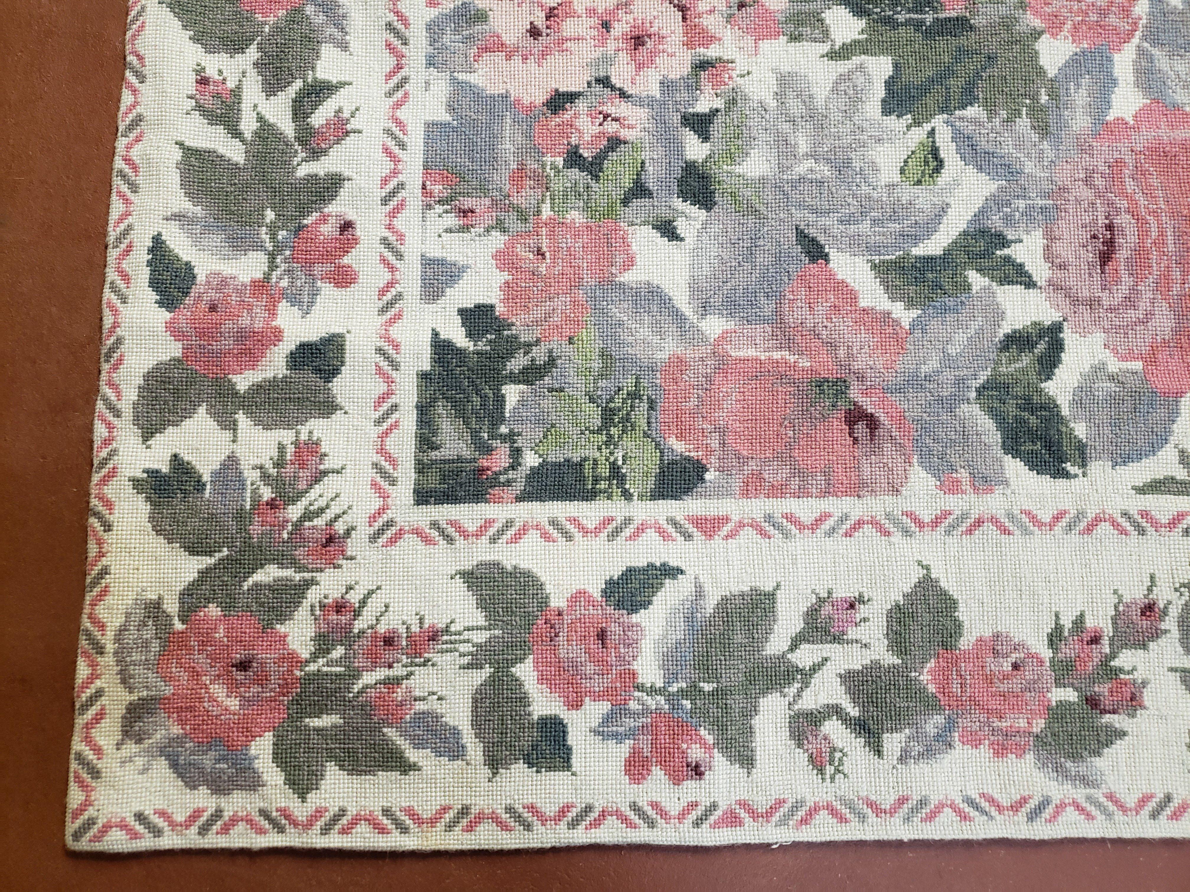 5x8 Needlepoint Rug 5' 4" x 8' 3" Wool Flat Weave Floral New Unused Carpet English Design Ivory Large Pink Flowers Green Leaves Hand-Knotted - Image 8
