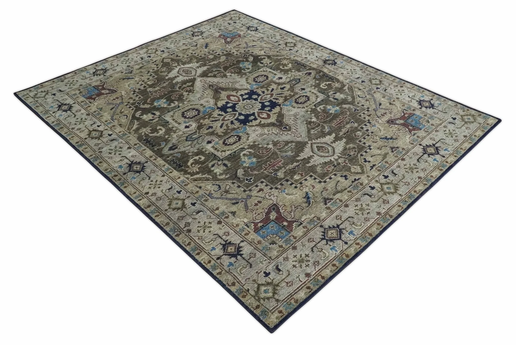 8x10 Antique look Brown, Beige and Blue Traditional Medallion wool Area Rug - Image 9