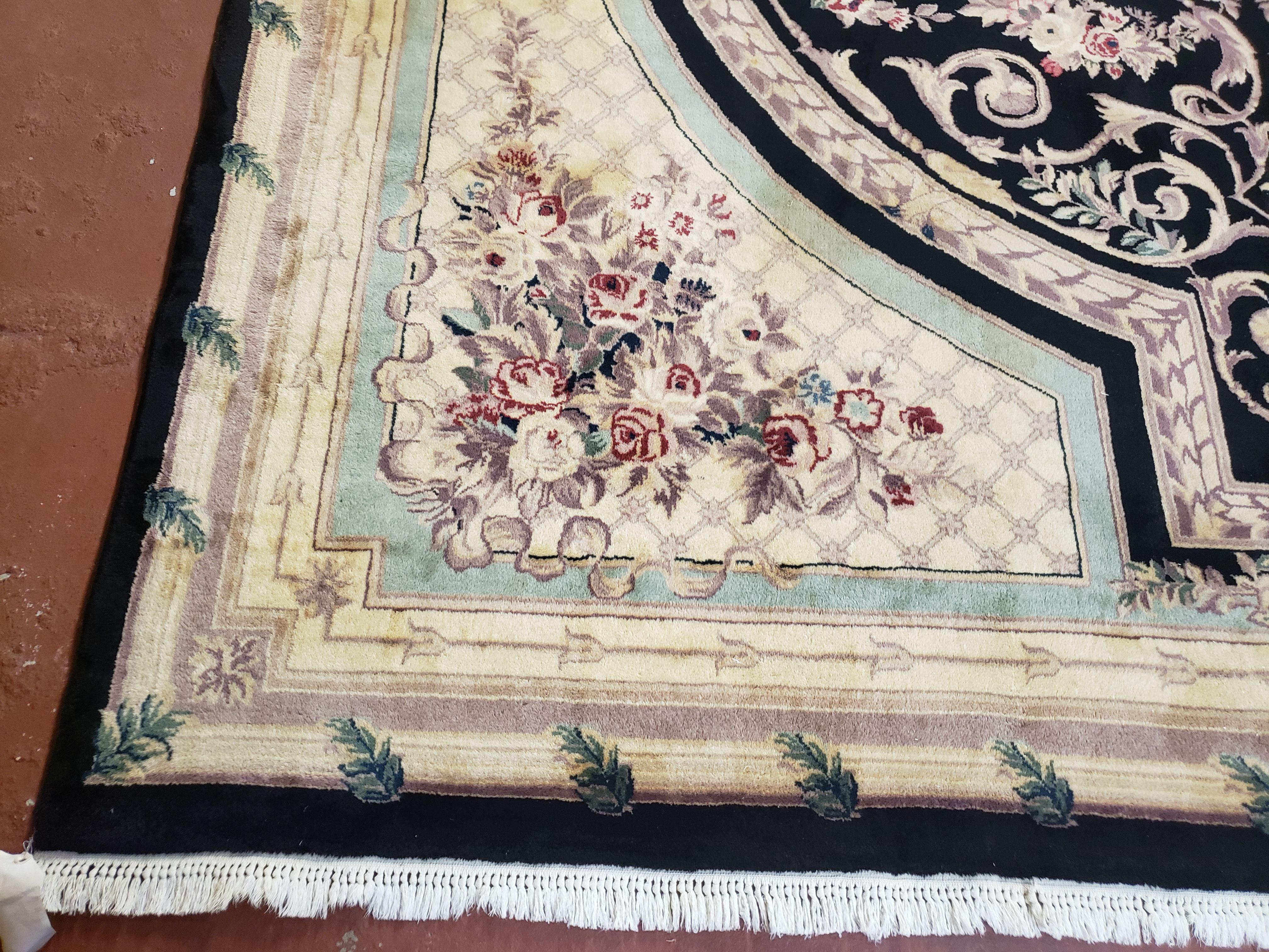 8x10 Aubusson Rug, Fine Hand Knotted Wool Carpet, French European Design, Black & Ivory - Image 7
