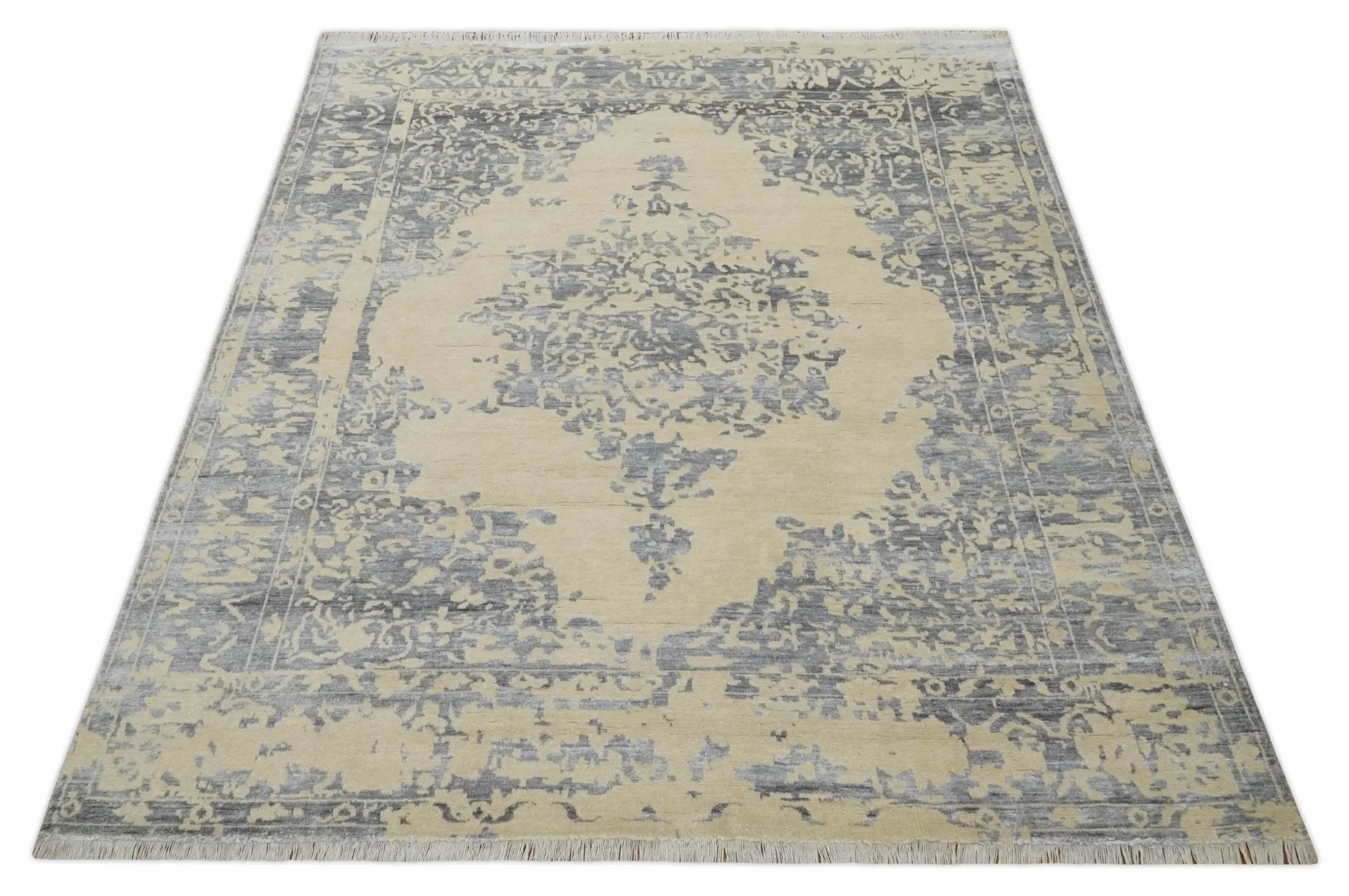 8x10 Beige, Charcoal and Silver Traditional Medallion Hand Knotted Wool and Bamboo Silk Area Rug - Image 10