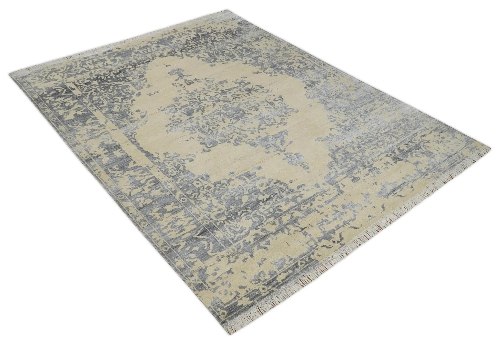 8x10 Beige, Charcoal and Silver Traditional Medallion Hand Knotted Wool and Bamboo Silk Area Rug - Image 9