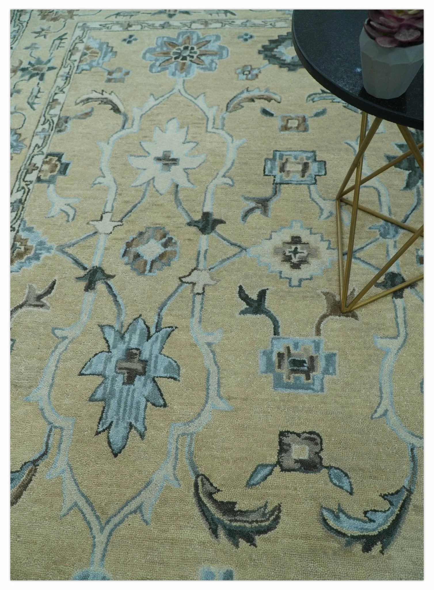 8x10 Beige, Ivory and Blue Hand Tufted Floral Oriental Oushak wool area rug - Image 2
