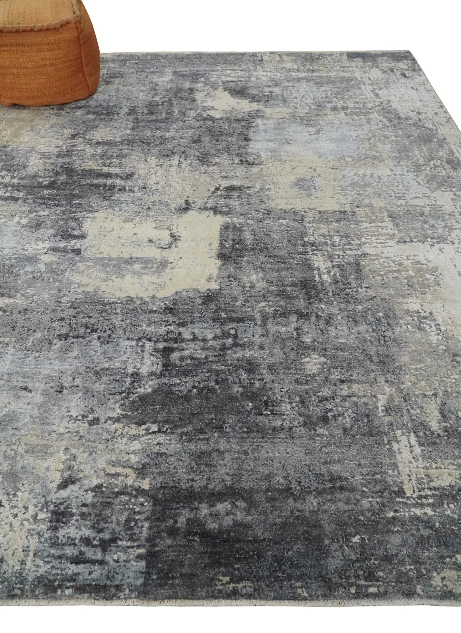 8x10 Charcoal, Beige and Gray Modern Abstract Distressed Finish High Low texture Hand Knotted Rug - Image 3