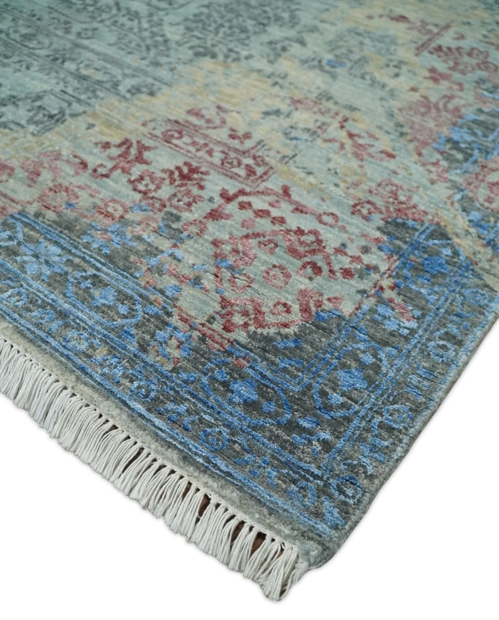8x10 Fine Hand Knotted Beige and Blue Modern Abstract Style Wool and Silk Area Rug - Image 6