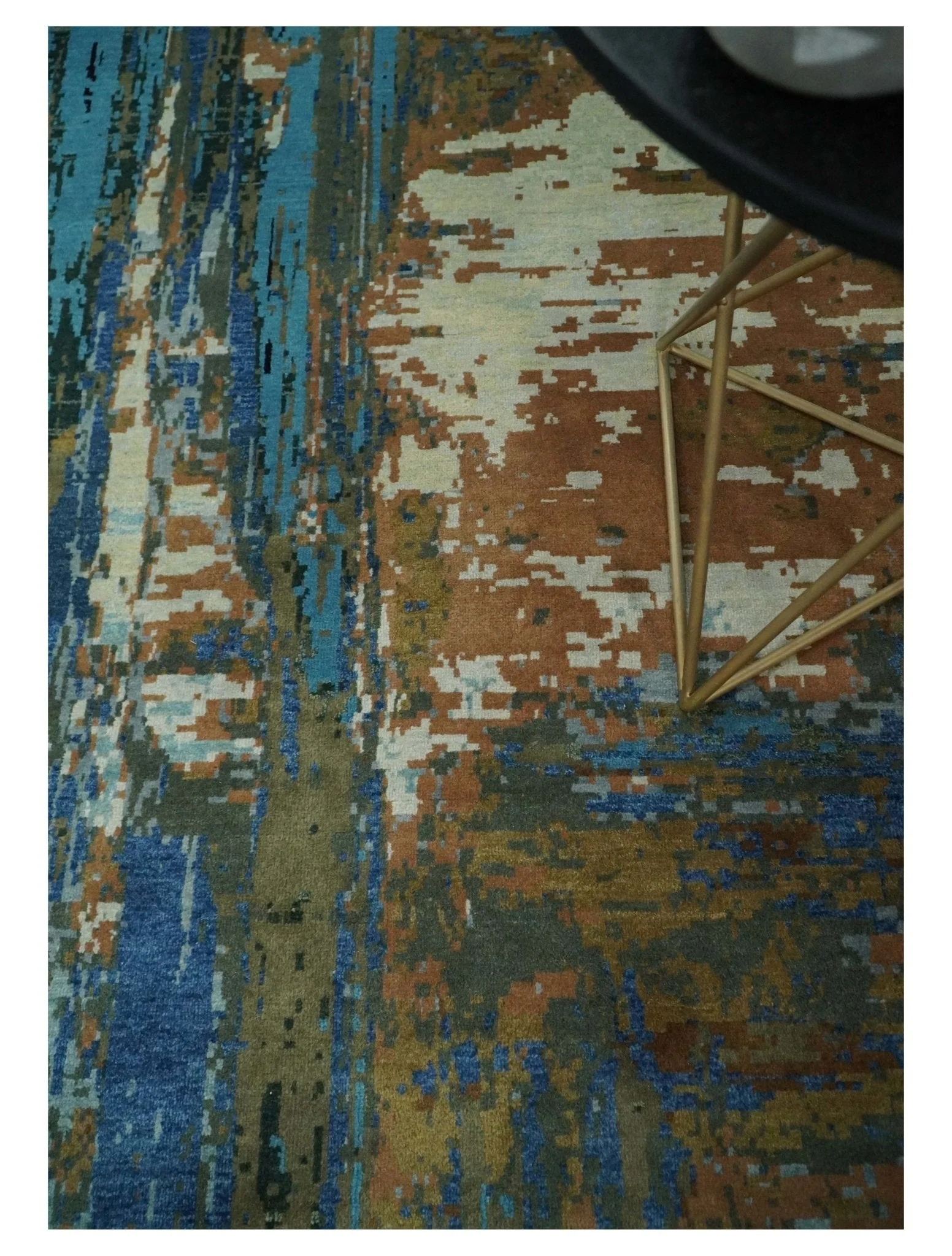 8x10 Fine Hand Knotted Blue and Brown Modern Abstract Wool Area Rug - Image 3