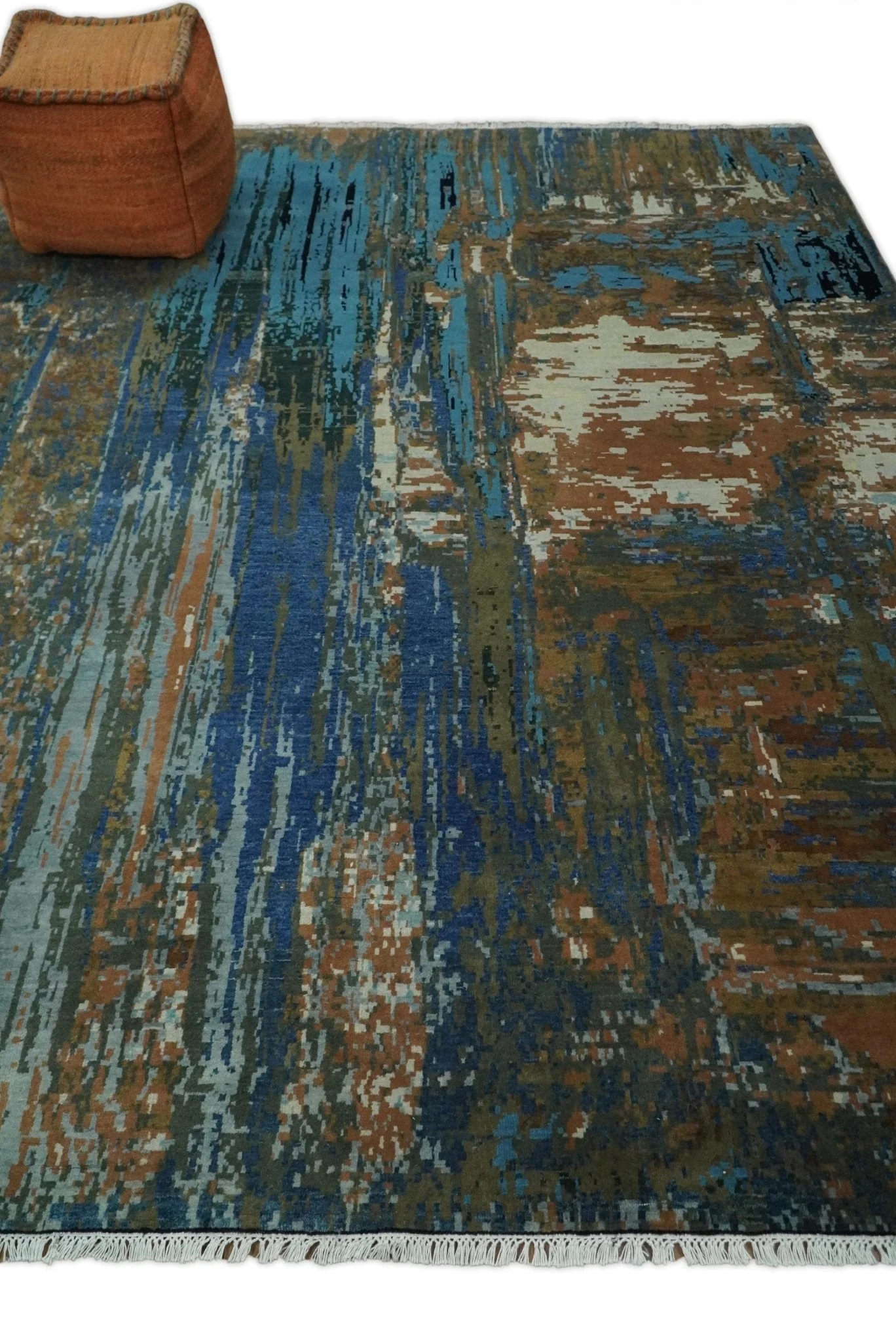 8x10 Fine Hand Knotted Blue and Brown Modern Abstract Wool Area Rug - Image 4