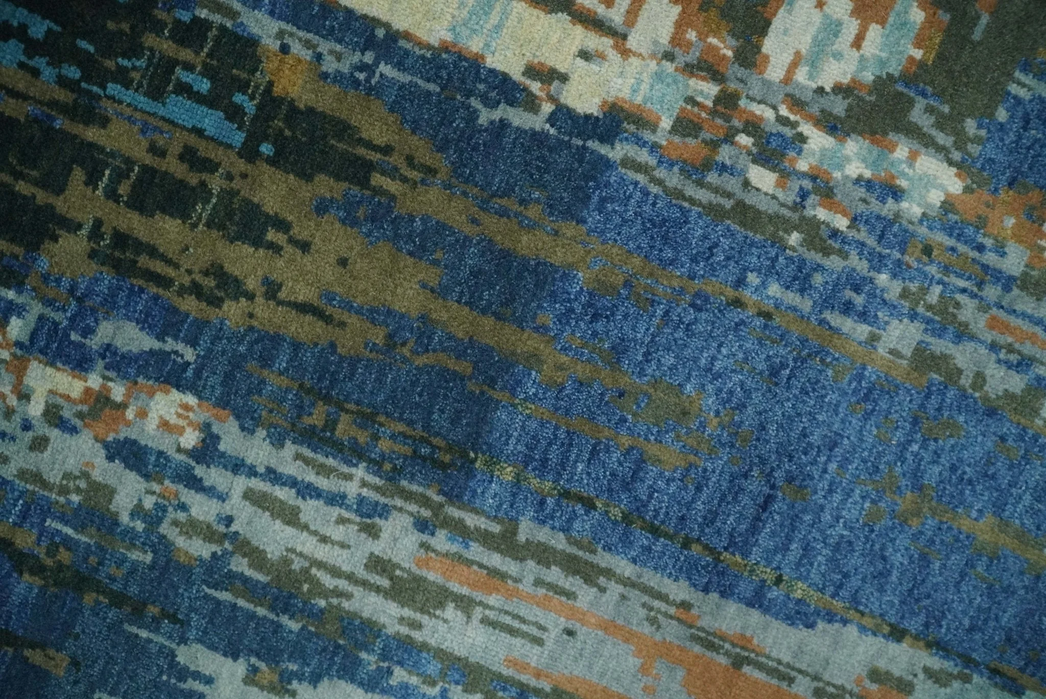 8x10 Fine Hand Knotted Blue and Brown Modern Abstract Wool Area Rug - Image 5