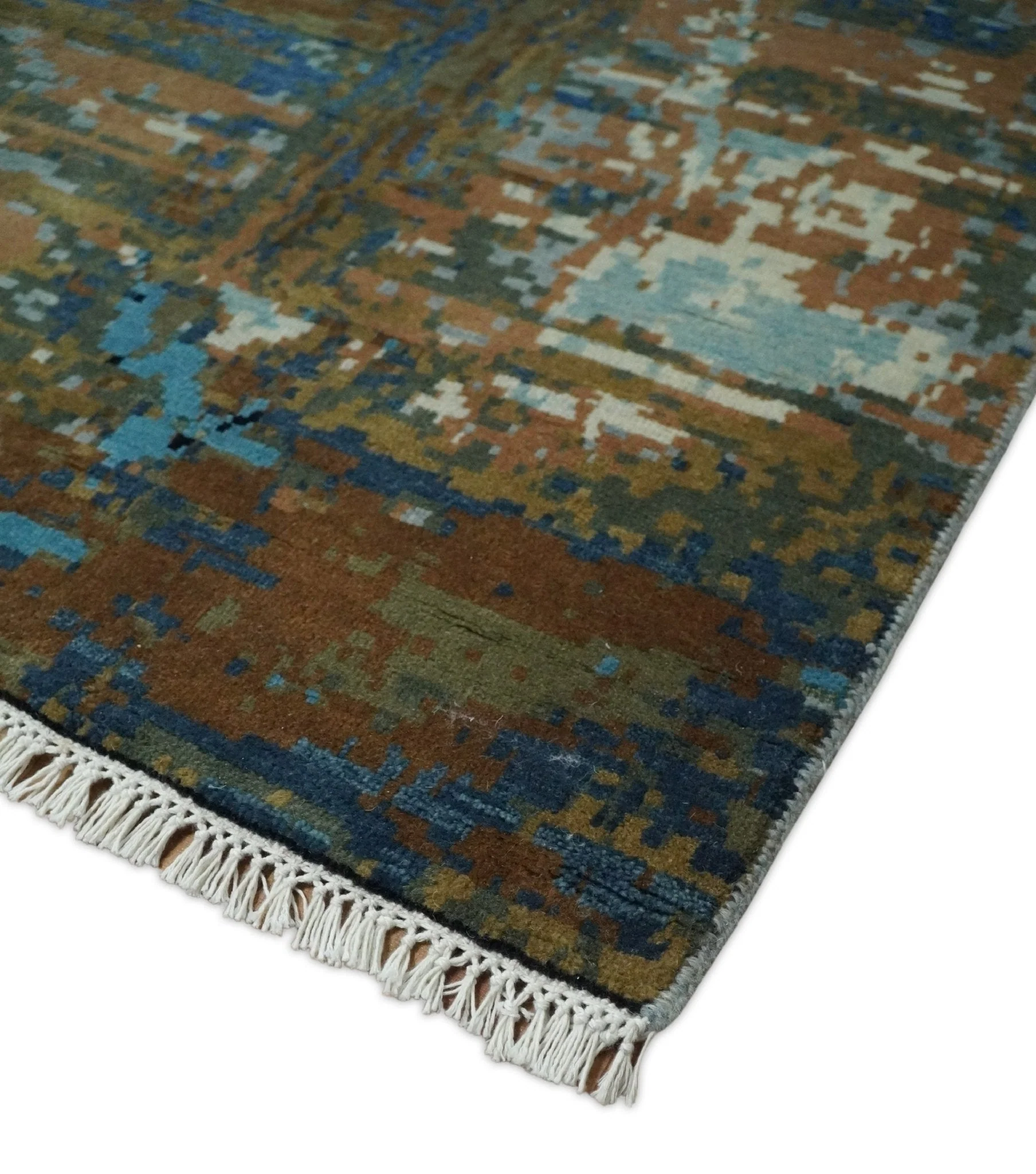 8x10 Fine Hand Knotted Blue and Brown Modern Abstract Wool Area Rug - Image 7