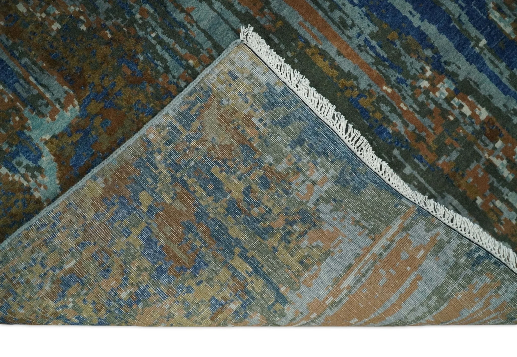 8x10 Fine Hand Knotted Blue and Brown Modern Abstract Wool Area Rug - Image 8