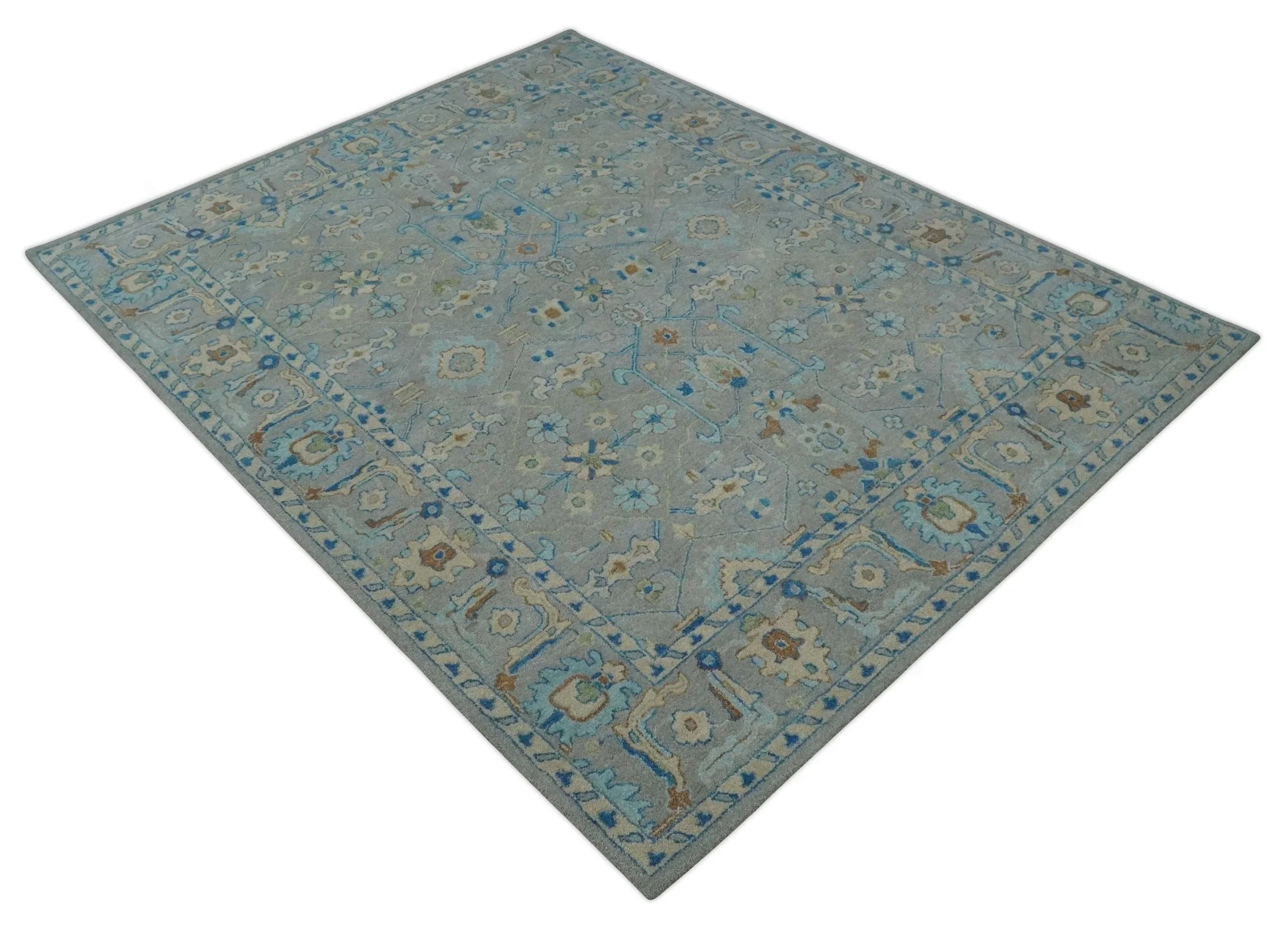 8x10 Hand Tufted Gray, Beige and Accent Blue Traditional Herati Design Wool Rug - Image 9