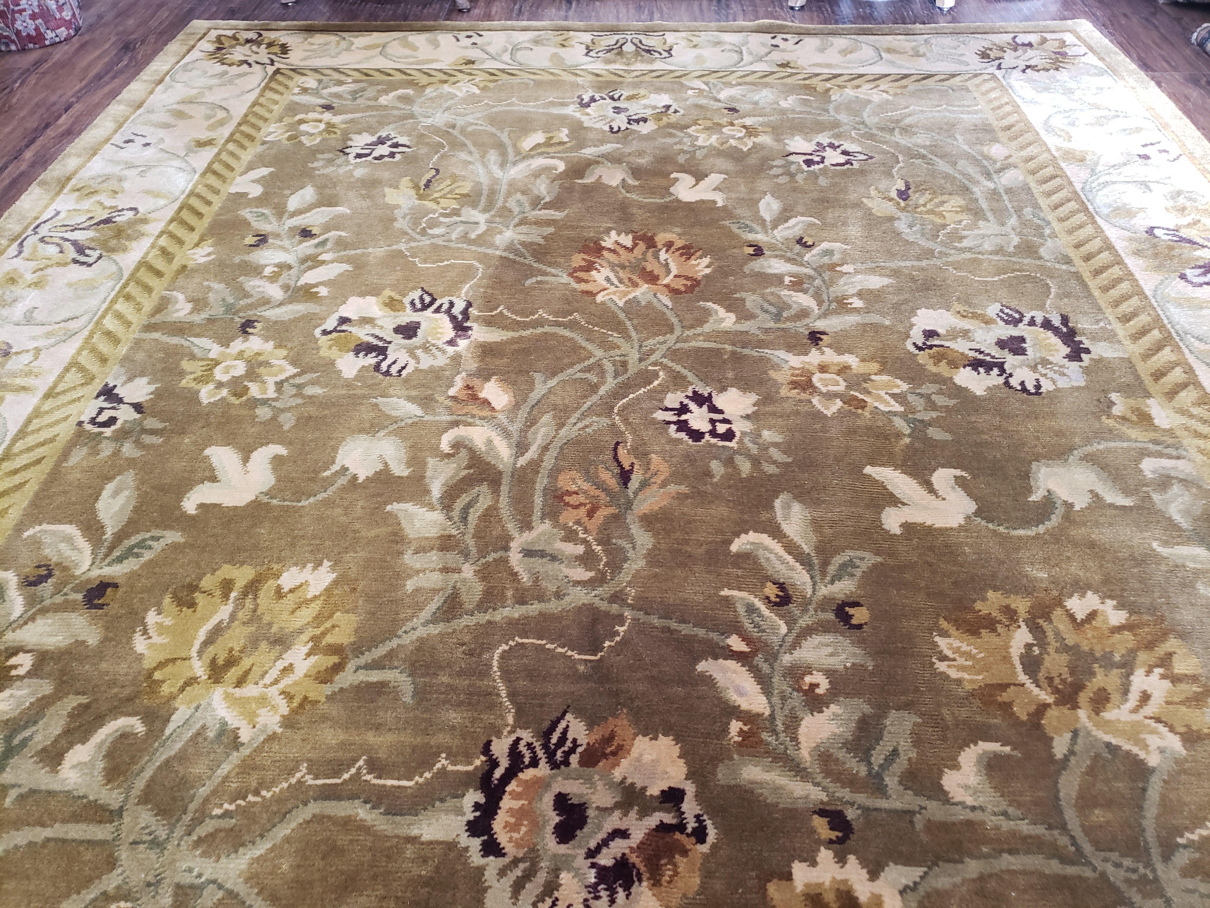 8x10 Tibetan Rug, Green & Beige Floral Rug, Large Handmade Wool Rug - Image 2