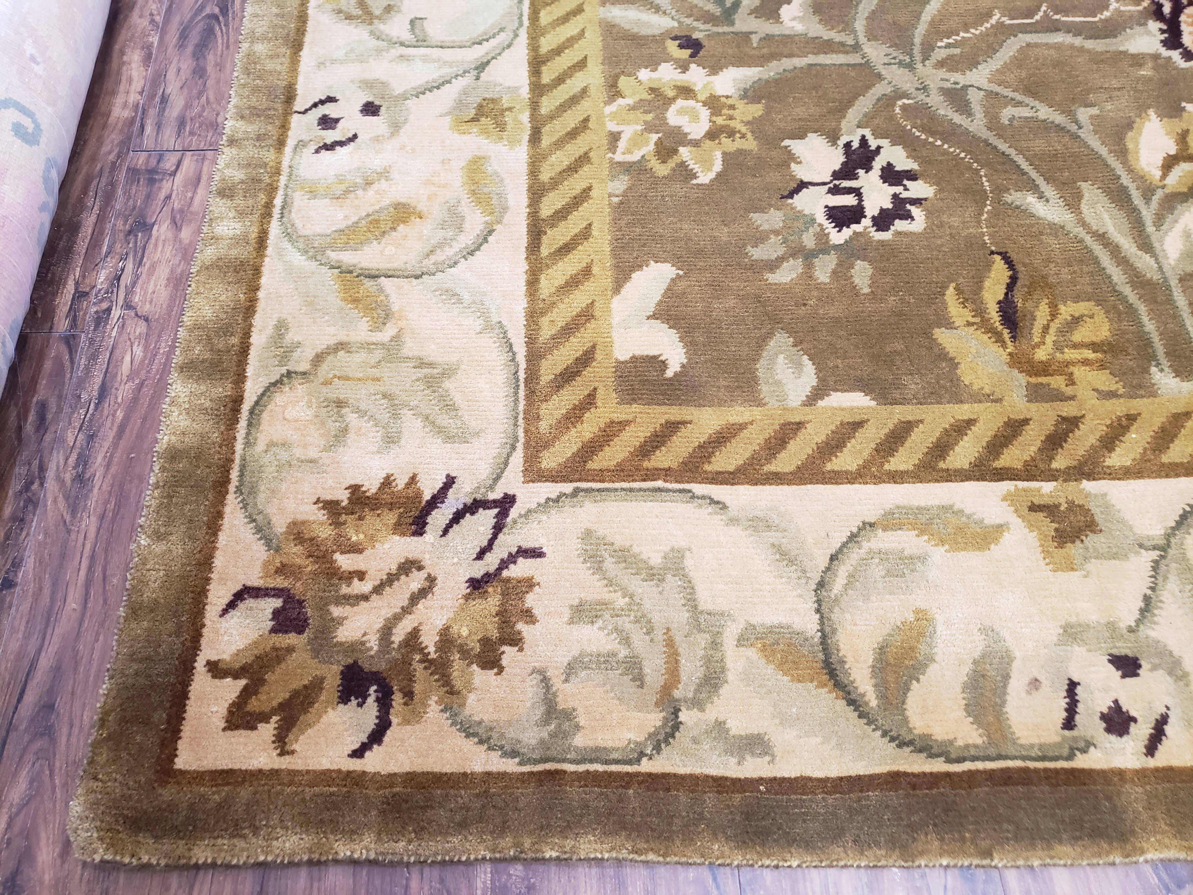 8x10 Tibetan Rug, Green & Beige Floral Rug, Large Handmade Wool Rug - Image 7