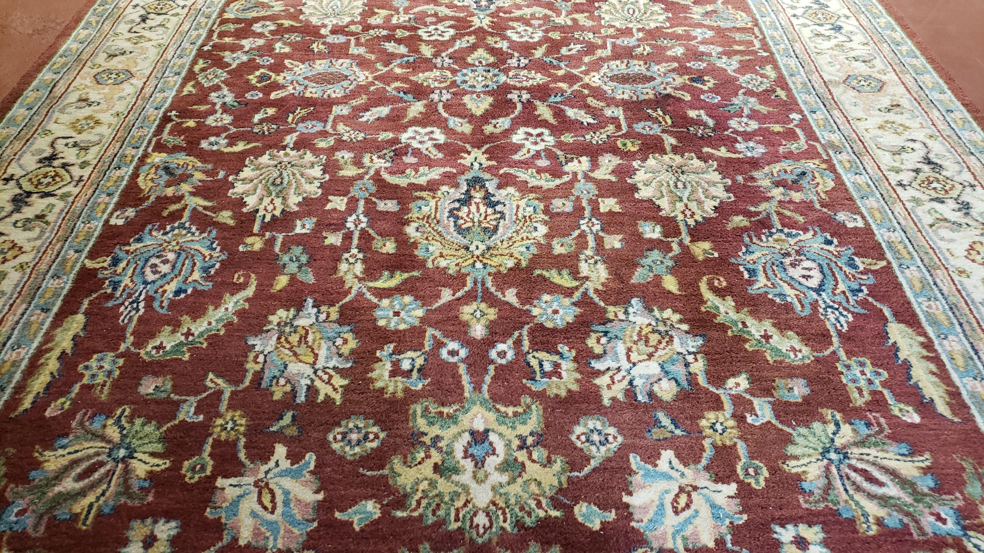 8x12 Indo-Mahal Rug, Floral Allover, Red & Beige, Wool Vintage Handmade Traditional Carpet - Image 3