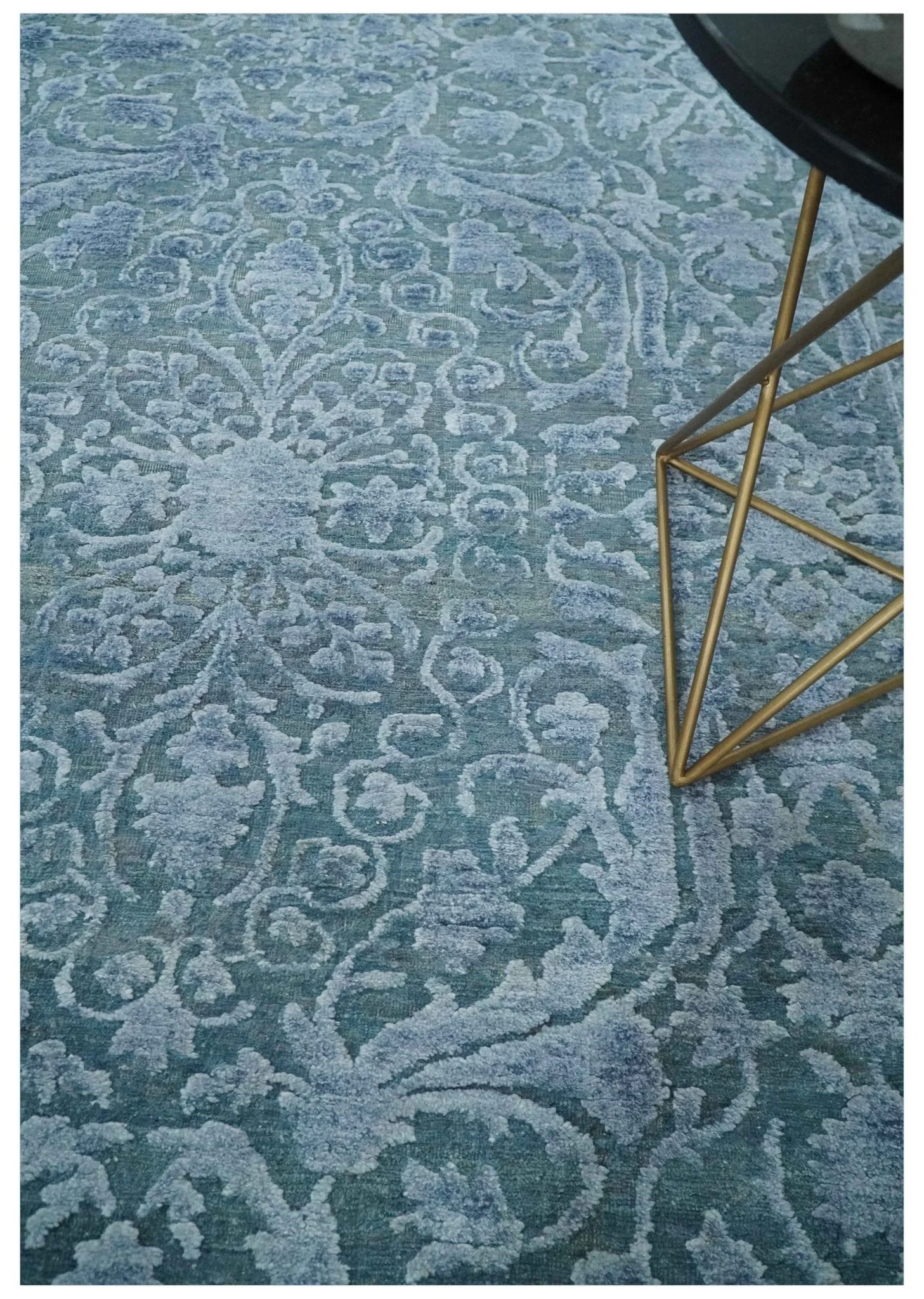 8x9.7 Blue Antique Style, Distressed Finish Hand Carved Traditional Medalian Hand Knotted Wool and Silk Rug - Image 2