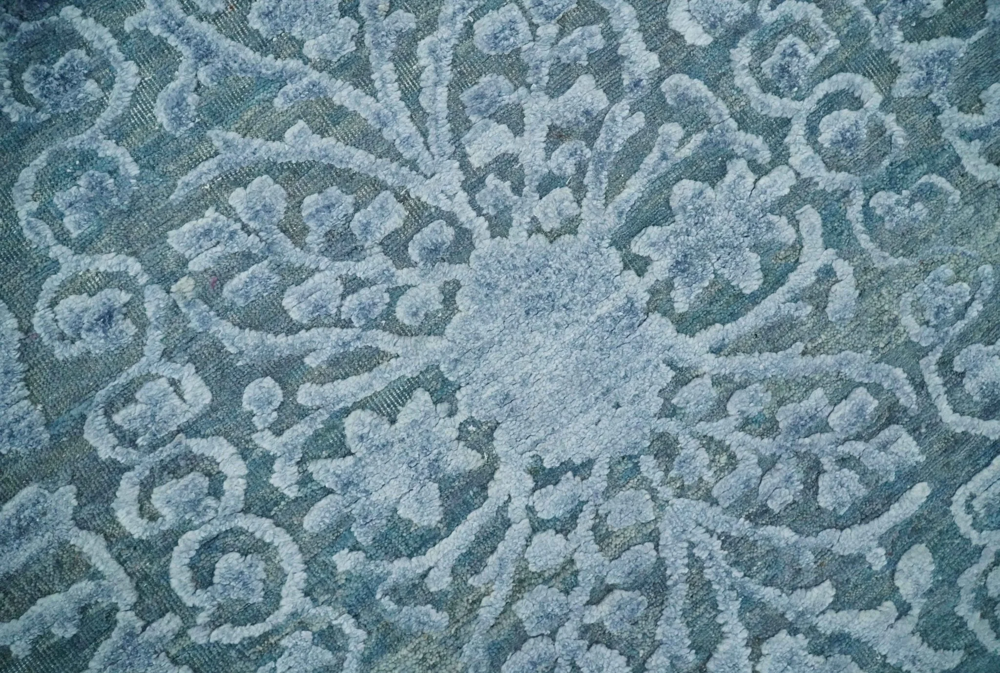 8x9.7 Blue Antique Style, Distressed Finish Hand Carved Traditional Medalian Hand Knotted Wool and Silk Rug - Image 4