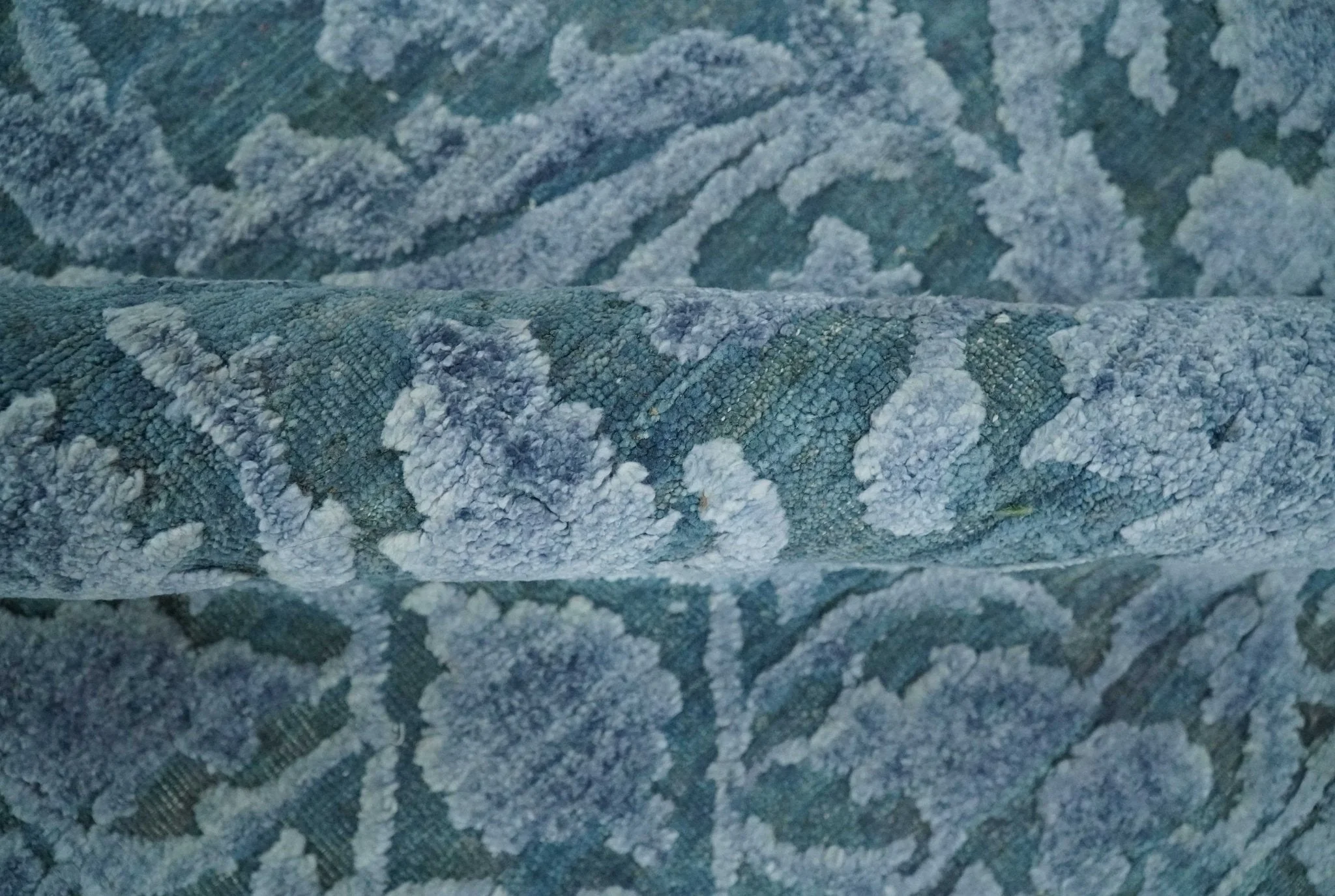 8x9.7 Blue Antique Style, Distressed Finish Hand Carved Traditional Medalian Hand Knotted Wool and Silk Rug - Image 6