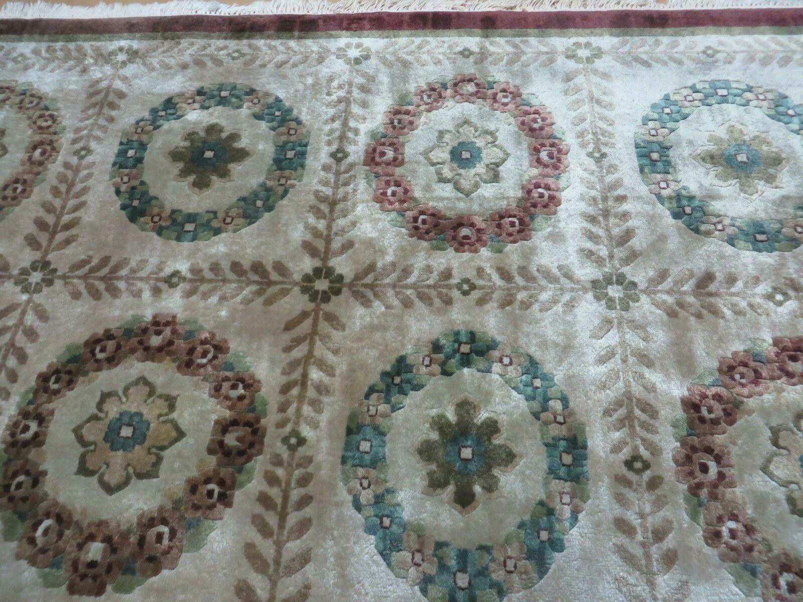 9' X 12' Modern Handmade Indo Lahore Wool Rug Art Deco Olive Ivory Nice Wow - Image 3