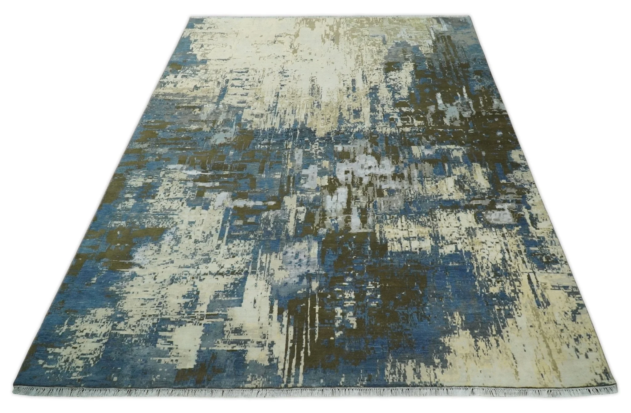9x12 Fine Hand Knotted Beige and Blue Modern Abstract Wool and Silk Area Rug - Image 11