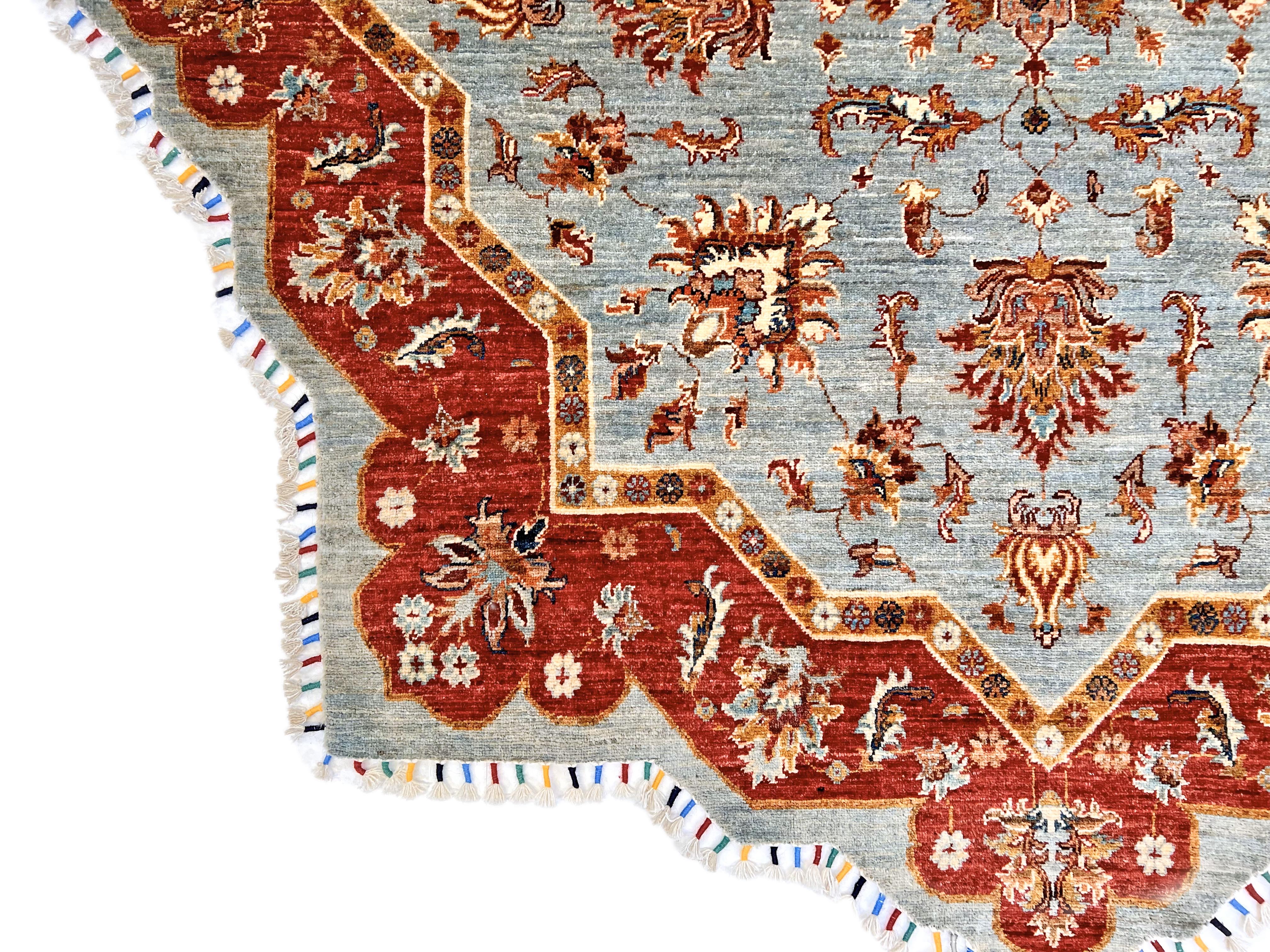 Afghan Made Scalloped Edge Rug (6'07"x6'08") gray/red - Image 4
