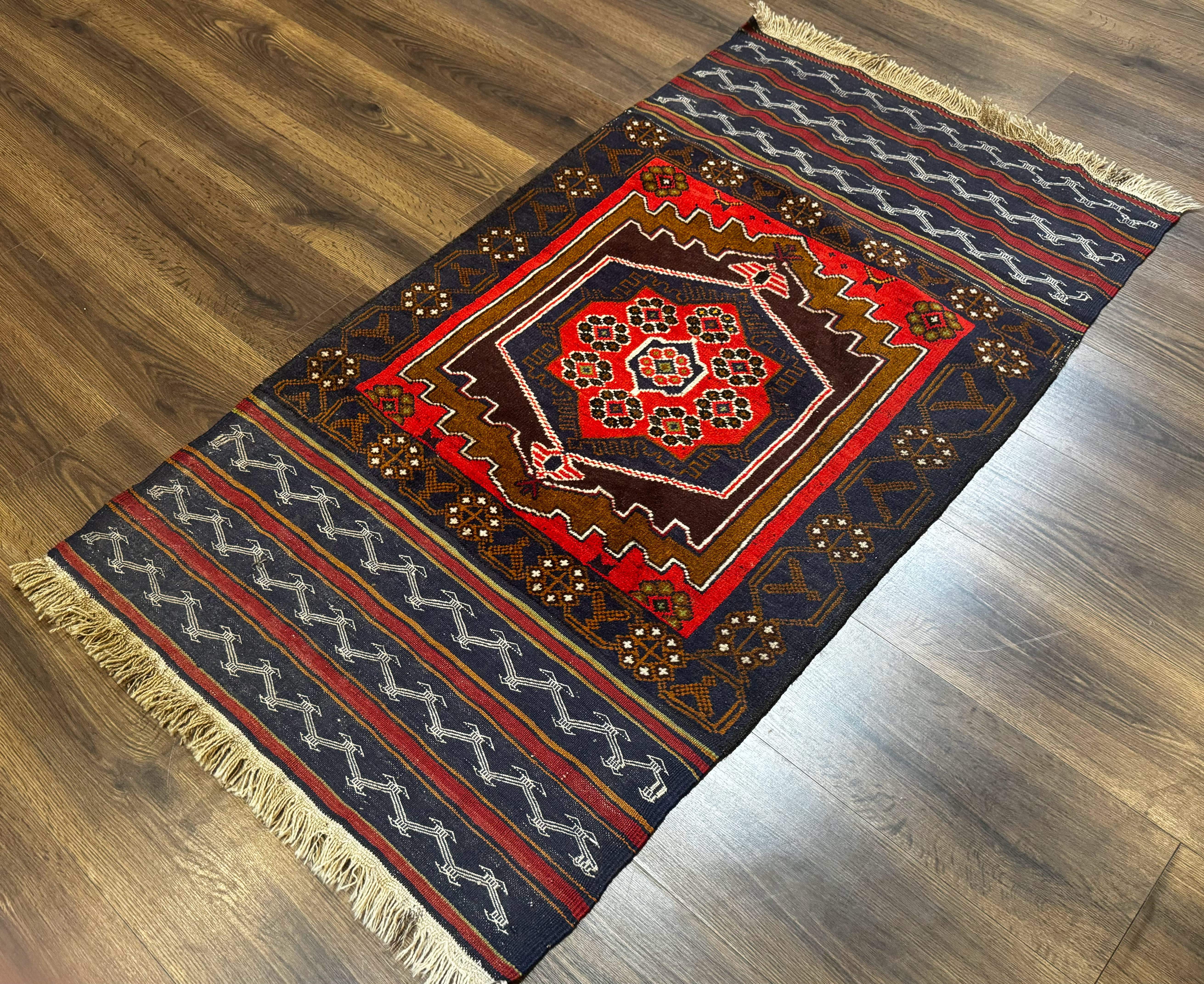 Afghan Rug 3x5, Tribal, Navy Blue, Wool, Handmade, Geometric, Rustic - Image 2