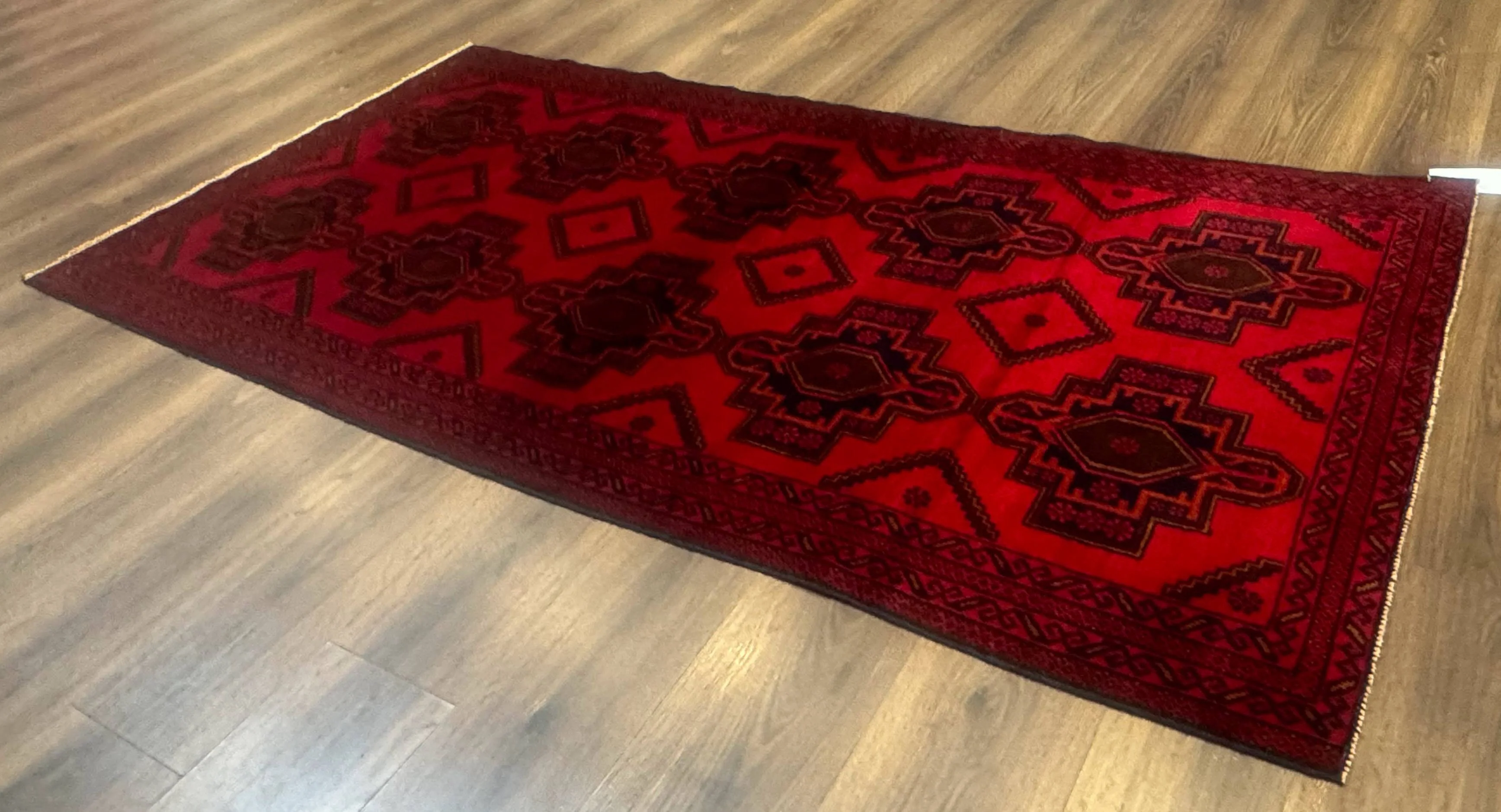 Afghan Rug 4x7, Tribal Carpet, Balouch Rug, Red and Navy Blue, Repeated Medallions, New - Image 12