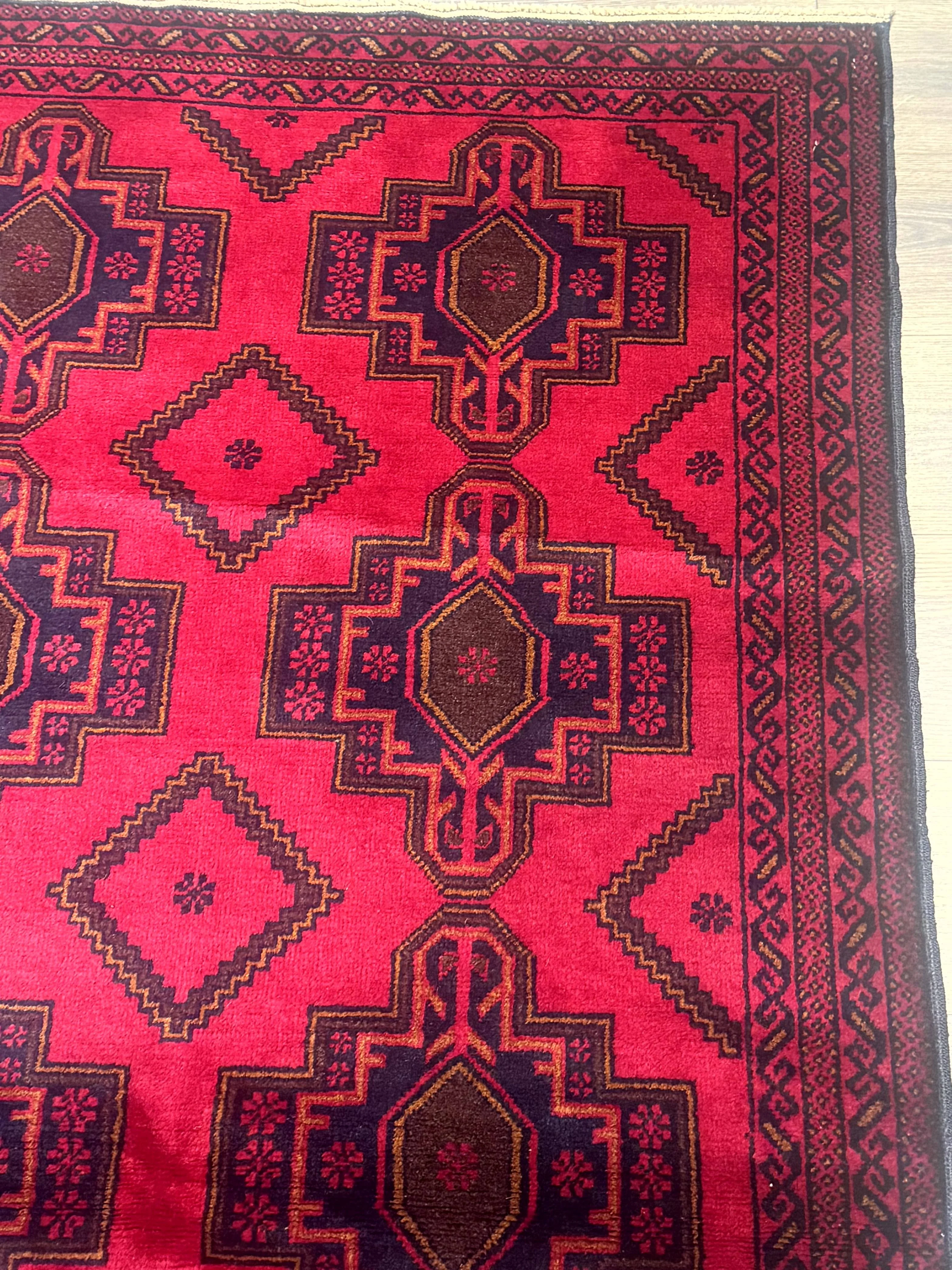 Afghan Rug 4x7, Tribal Carpet, Balouch Rug, Red and Navy Blue, Repeated Medallions, New - Image 7