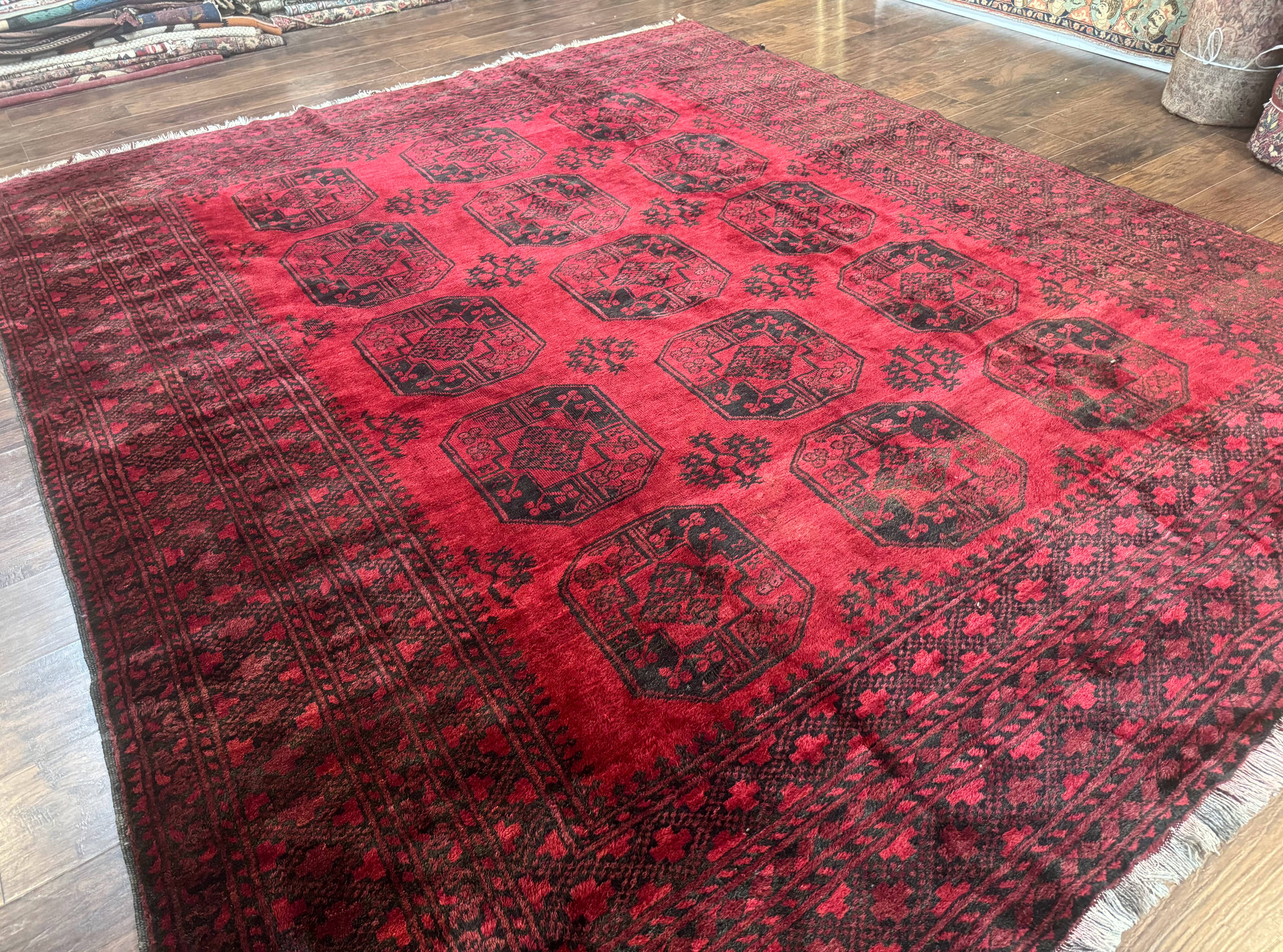 Afghan Turkoman Rug 9x10, Red Beshir Carpet, Tribal, Wool, Antique - Image 12