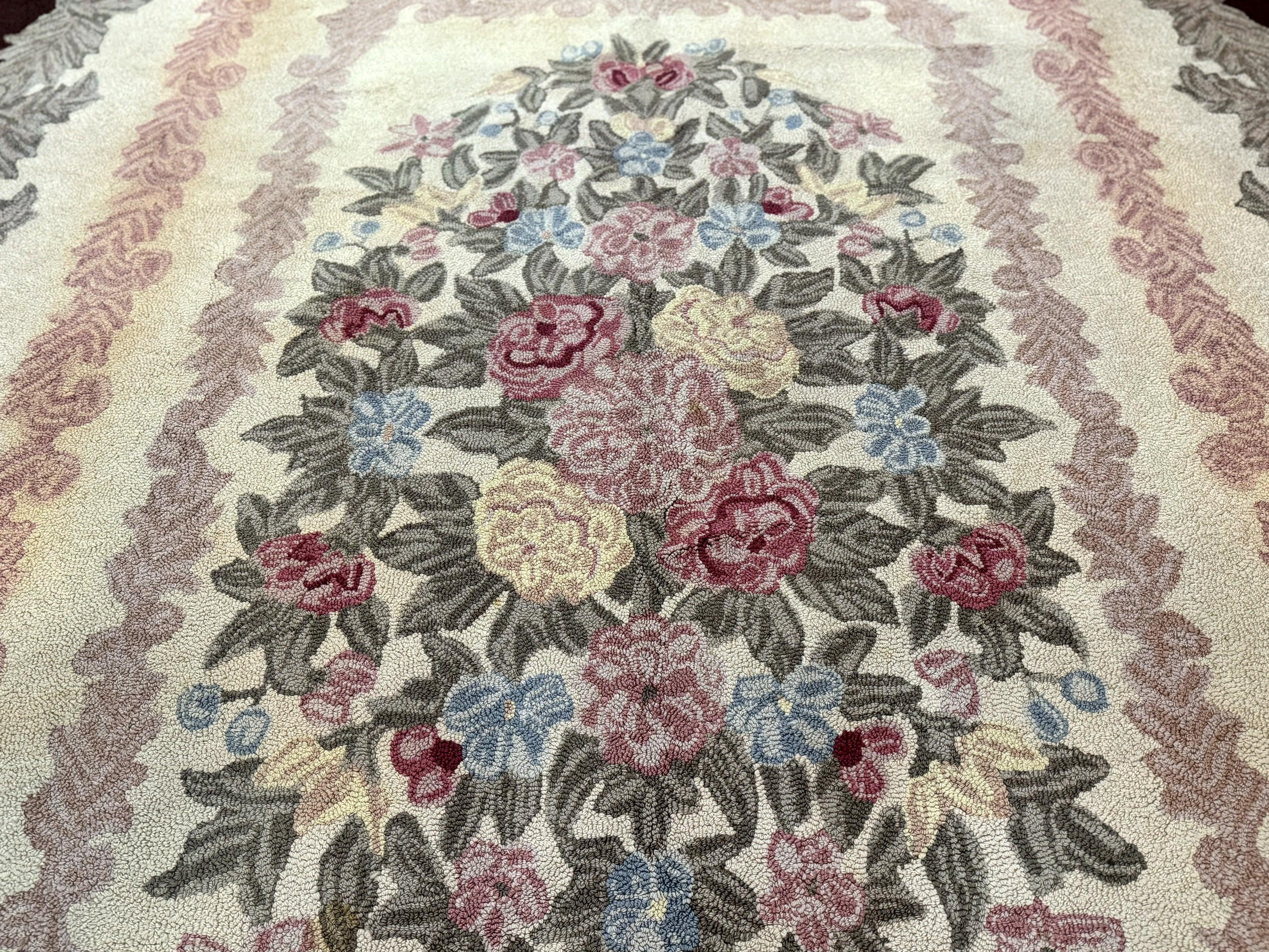 American Hand Hooked Rug 9x12, Vintage Aubusson Carpet, Wool - Image 5