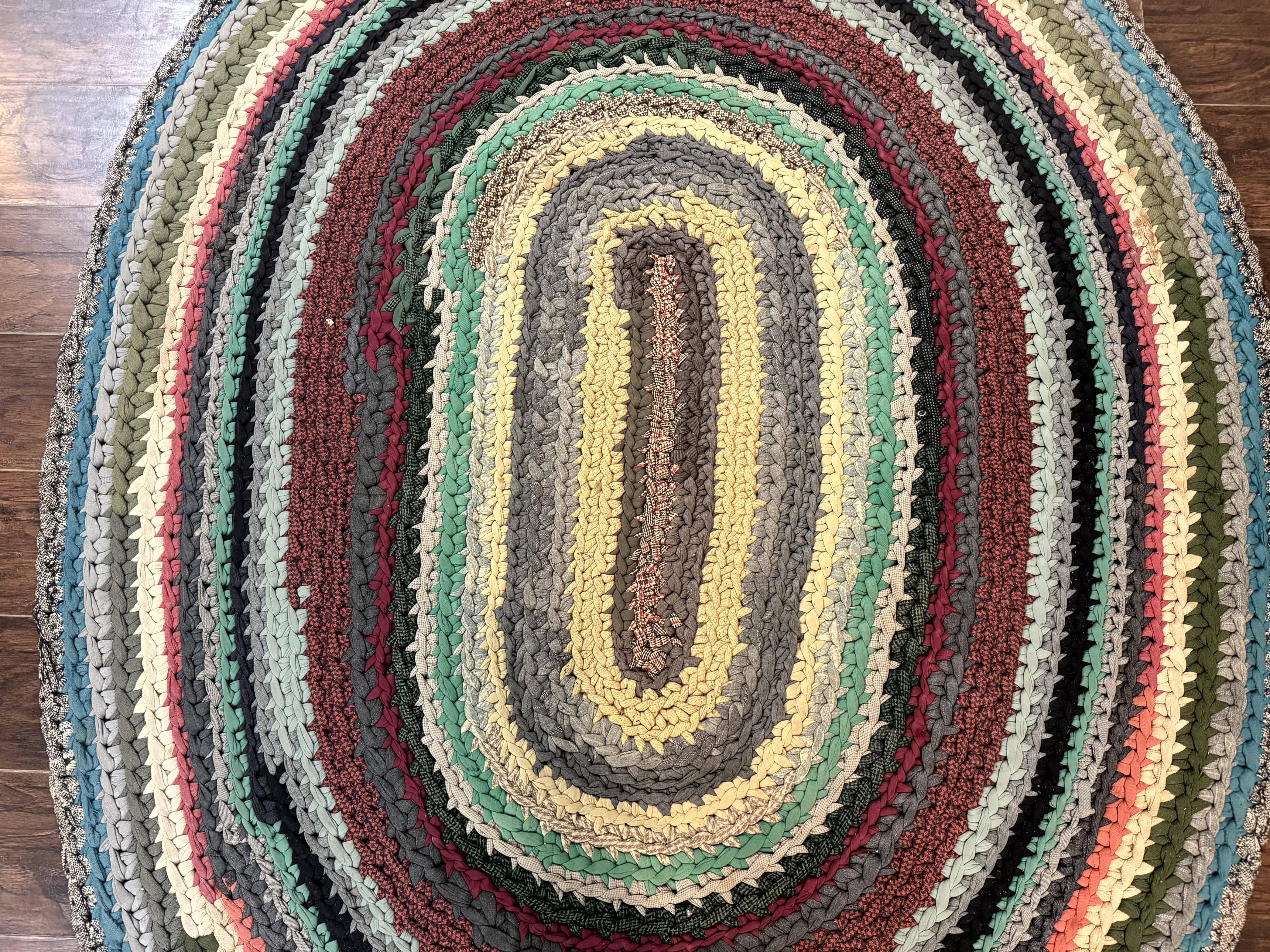 Antique American Braided Rug 5x7, Oval Multicolor Handmade Wool Braided Carpet - Image 7