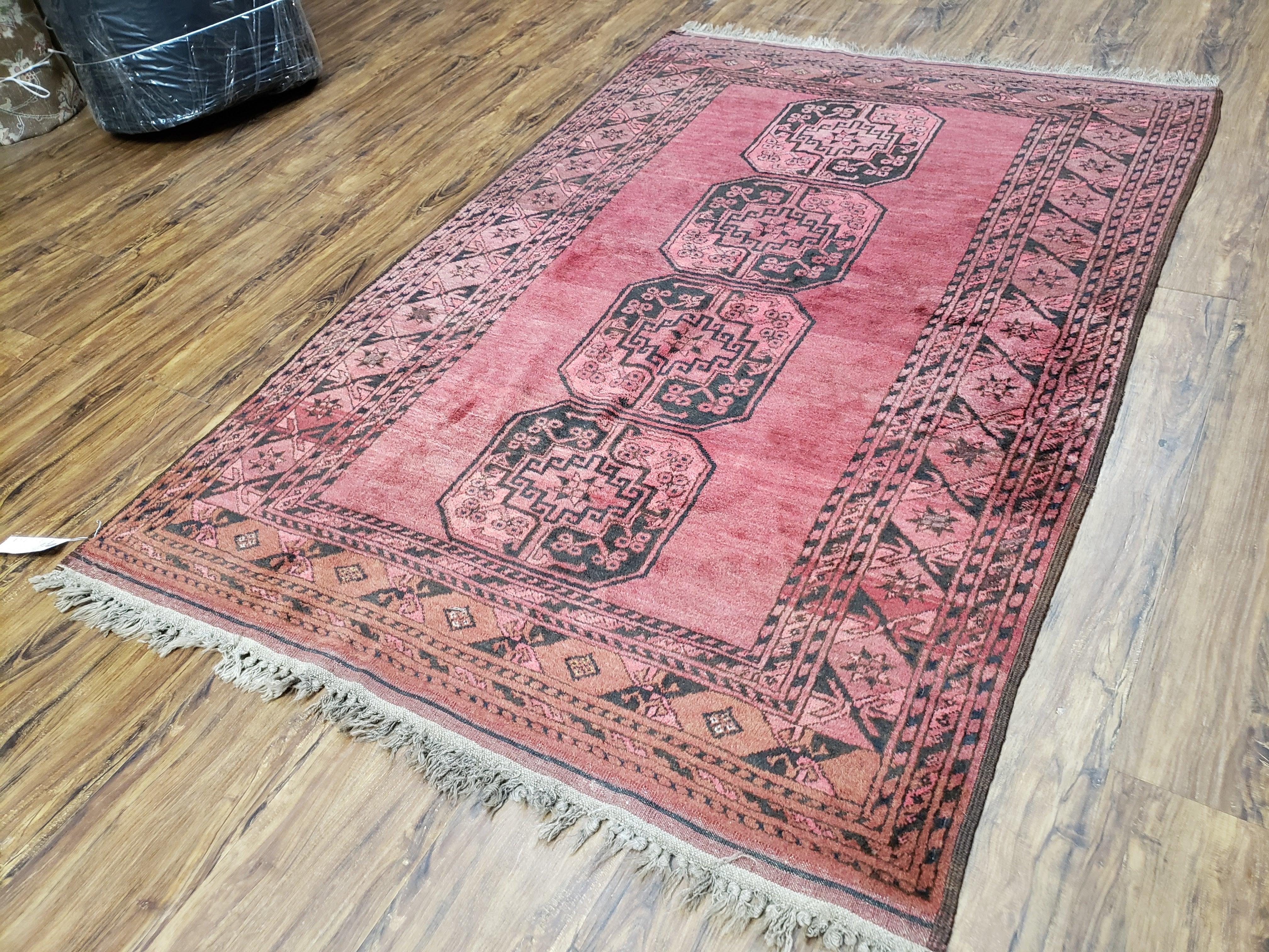 Antique Bukhara Area Rug, Vintage Afghan Bokhara Bashir Rug, 4x6 Hand-Knotted Oriental Carpet, Red & Black Wool Rug, 4' x 5'9 - Image 2