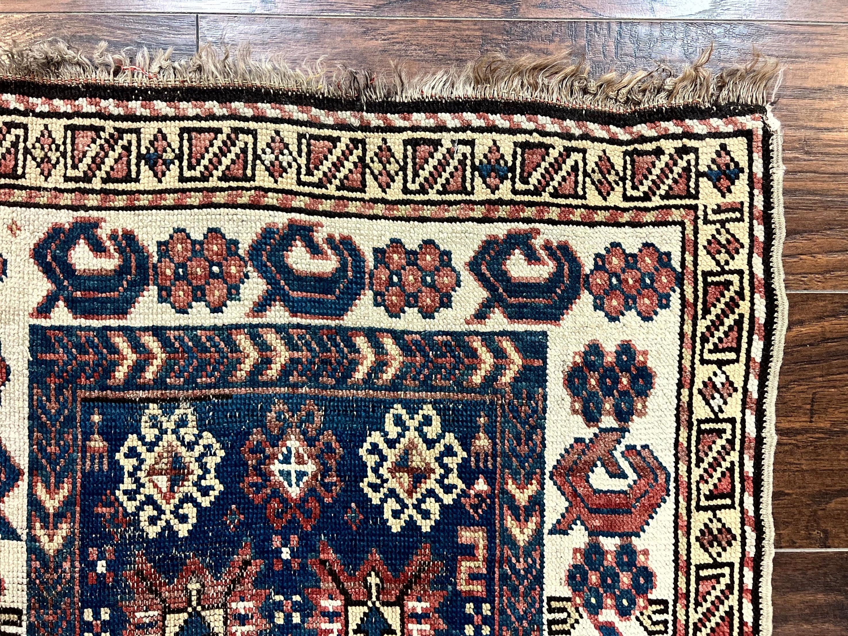 Antique Caucasian Kazak Rug 2.5 x 4, Navy Blue and Ivory, Hand Knotted Handmade Wool Rug - Image 6