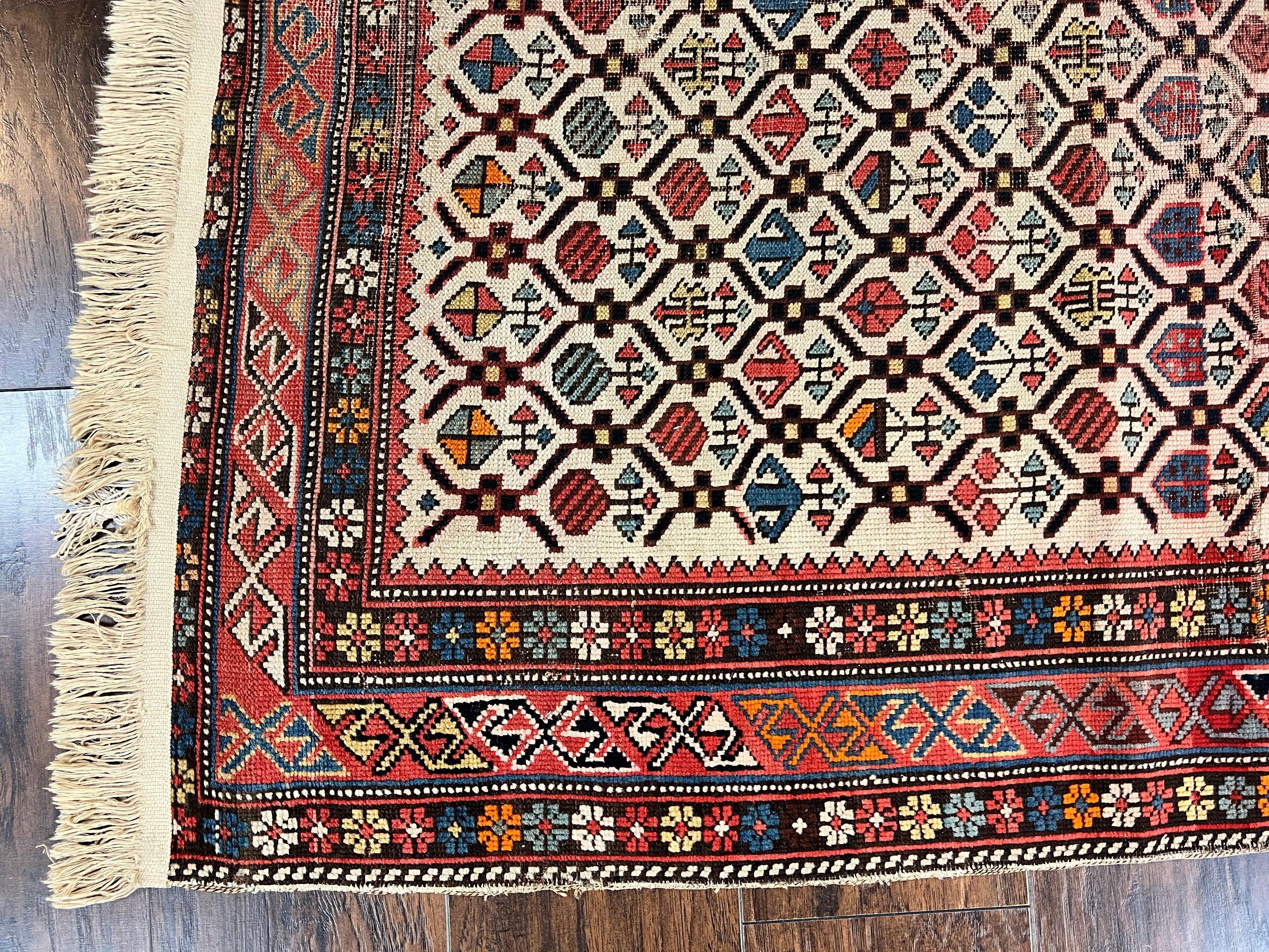 Antique Caucasian Rug 4x5, Hand Knotted Handmade Shirvan Oriental Carpet, Ivory Red Rug Allover Pattern, Rare Wool Rug, Tribal Geometric Rug - Image 8