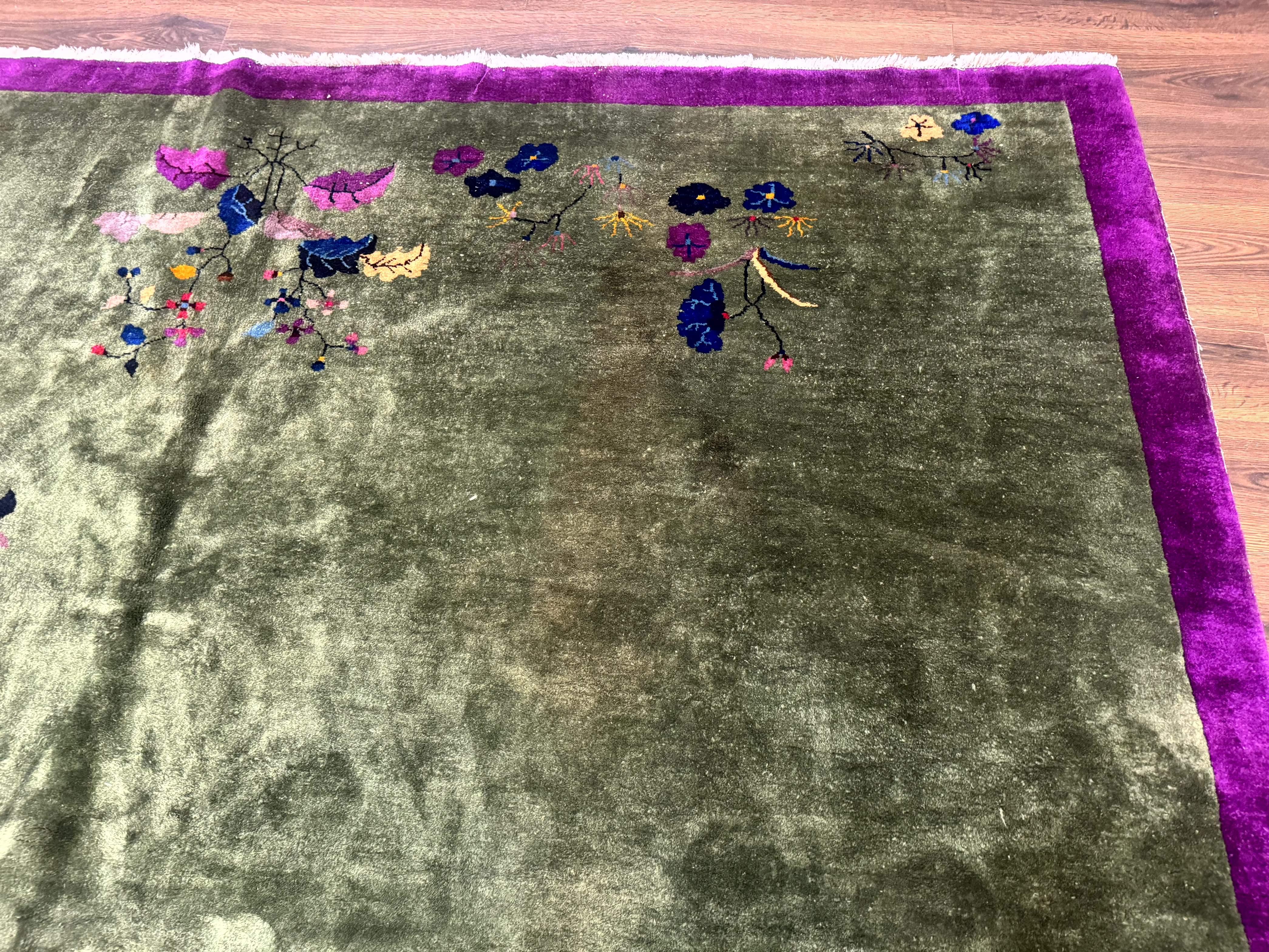 Antique Chinese Nichols Rug 9x12 - Rare Green and Purple Art Deco Carpet - Image 7