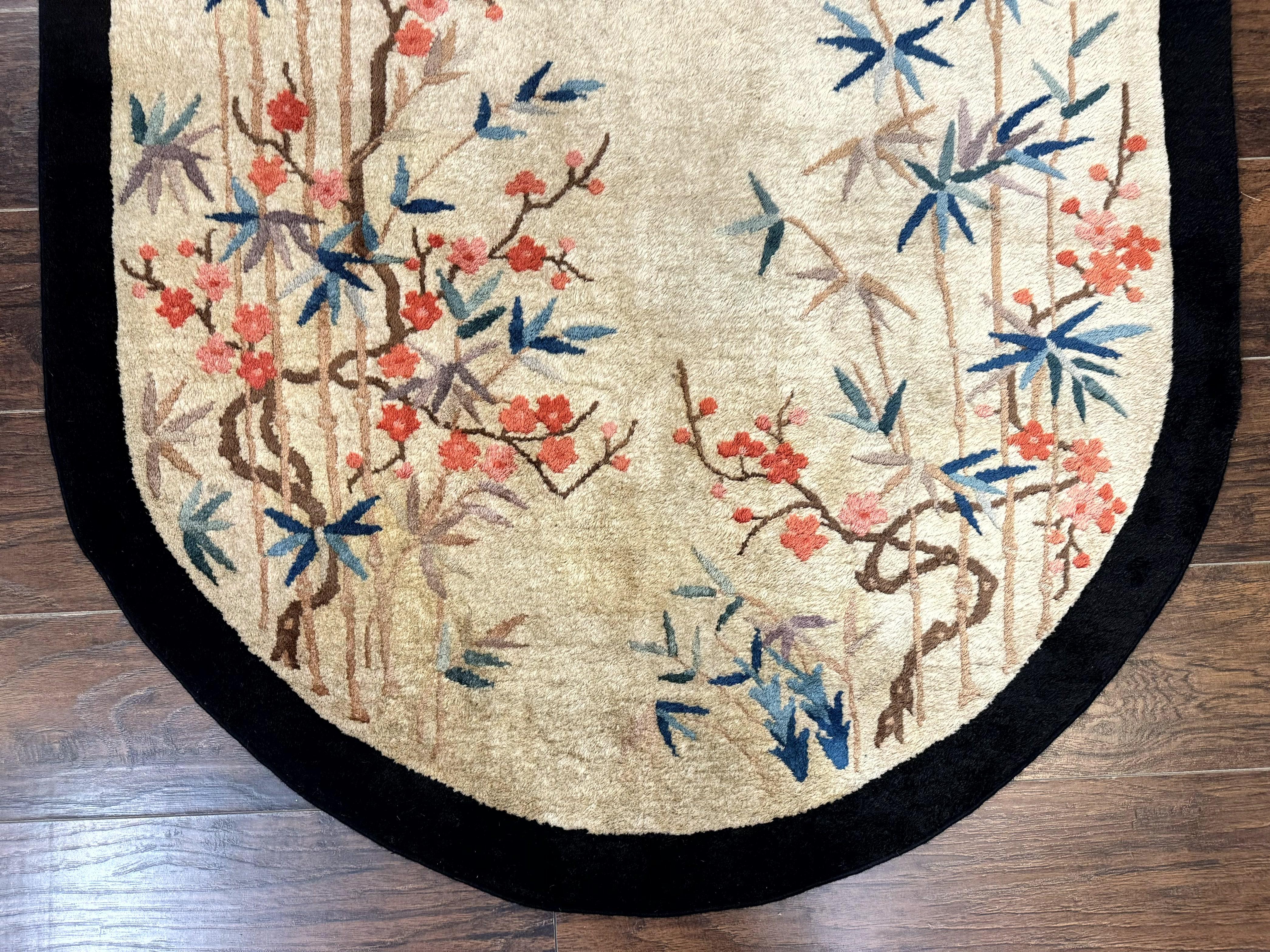 Antique Chinese Oval Rug 3.9 x 6.7, Floral, Butterflies, Chinese Wool Art Deco Peking Carpet, Beige, Handmade - Image 7