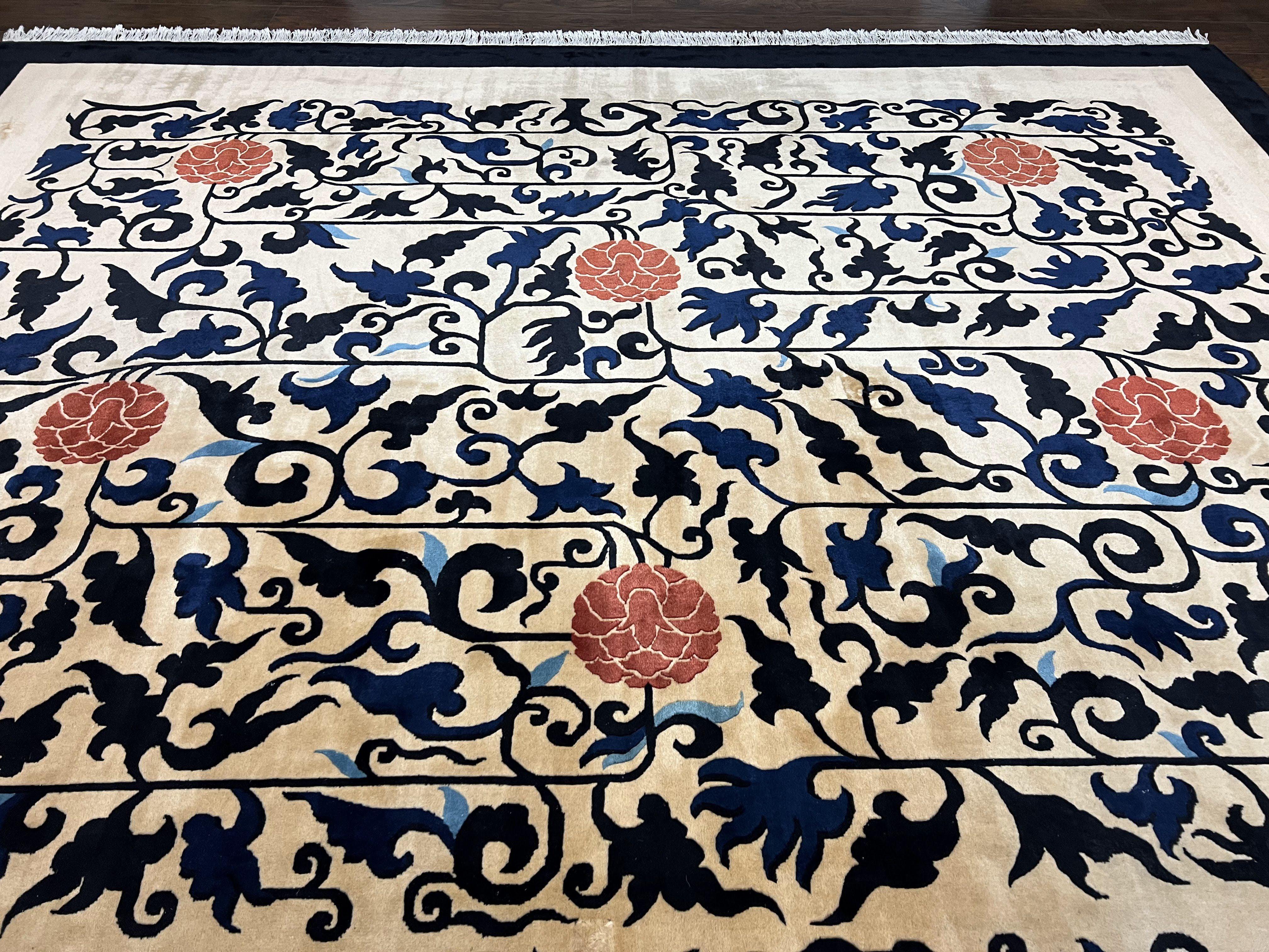 Antique Chinese Peking Rug 10x14, Beige Black, Handmade Wool Art Deco Carpet - Image 11