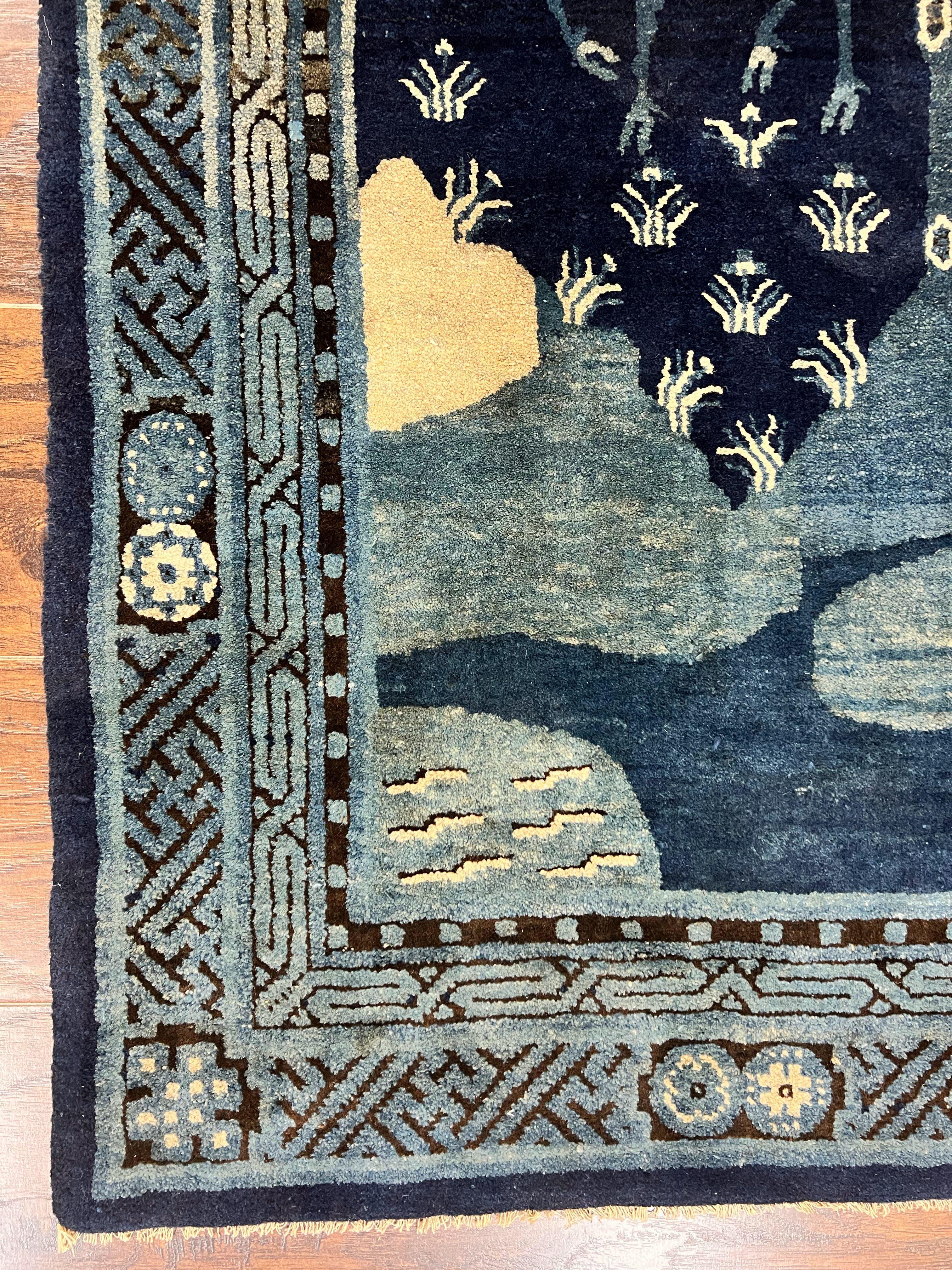 Antique Chinese Peking Rug 3x5, Dark Blue Chinese Wool Rug 3 x 5, Animal Pictorials Deer Birds, Handmade Asian Oriental Chinese Carpet - Image 8