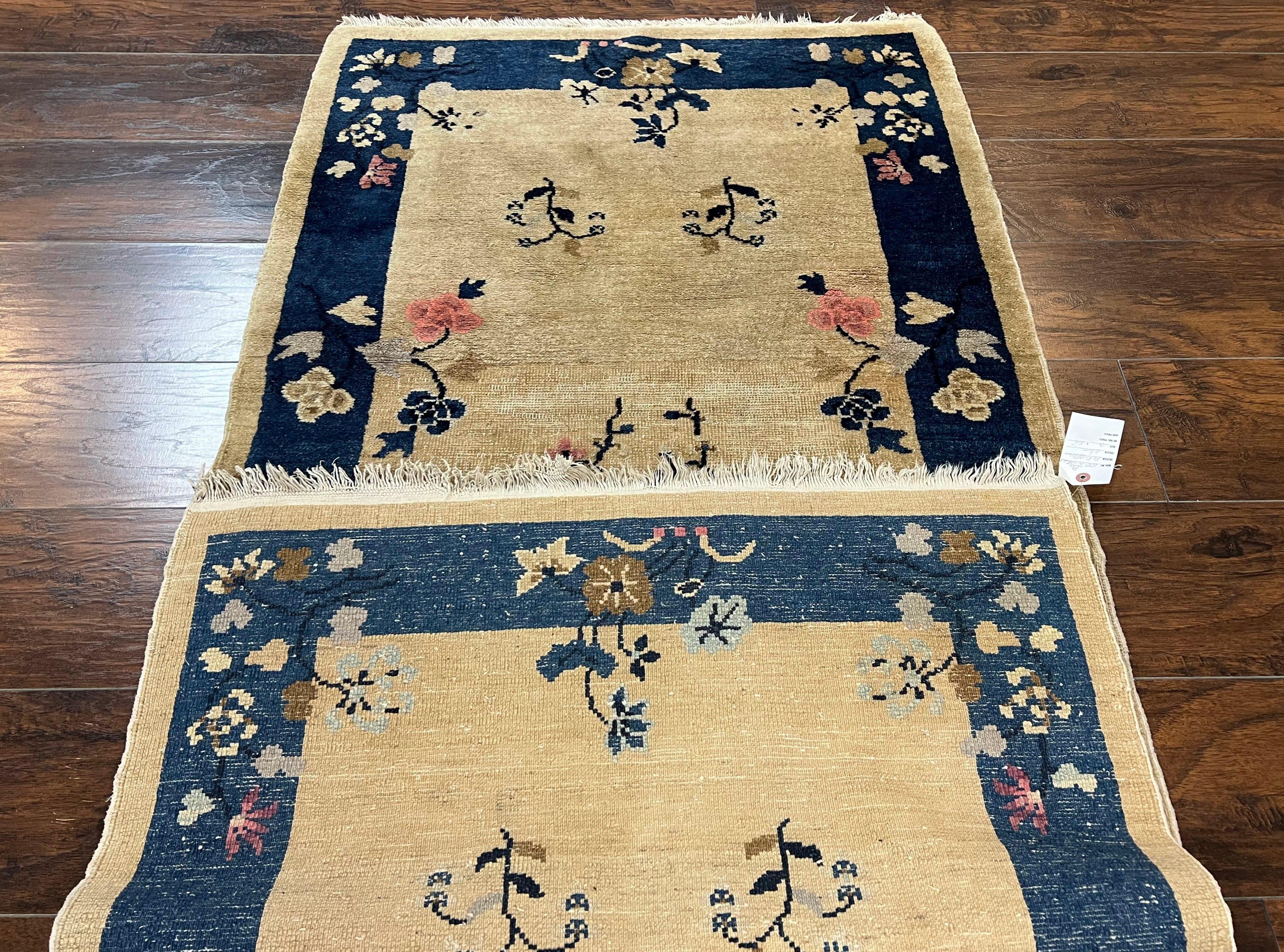 Antique Chinese Peking Rug 3x6, Beige and Dark Blue Hand Knotted Handmade Asian Oriental Carpet, Floral Vases, Vintage Wool Art Deco Rug - Image 10